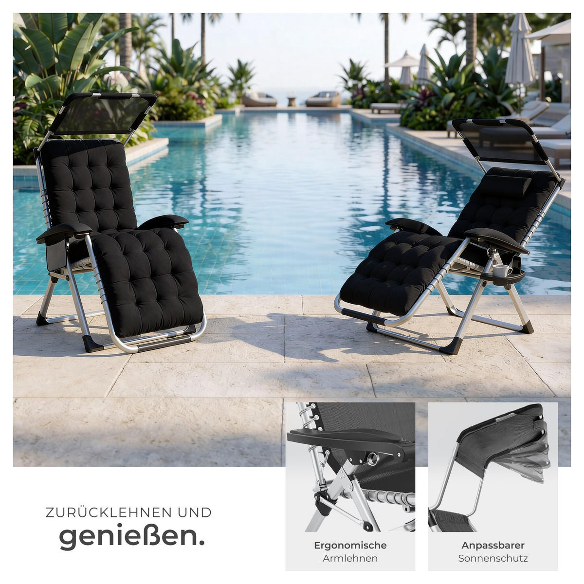 SONNENLIEGE Cloud Ii, mit Ablagetisch und Stautasche, schwarz - Schwarz, Kunststoff (84/103/168cm) - tectake