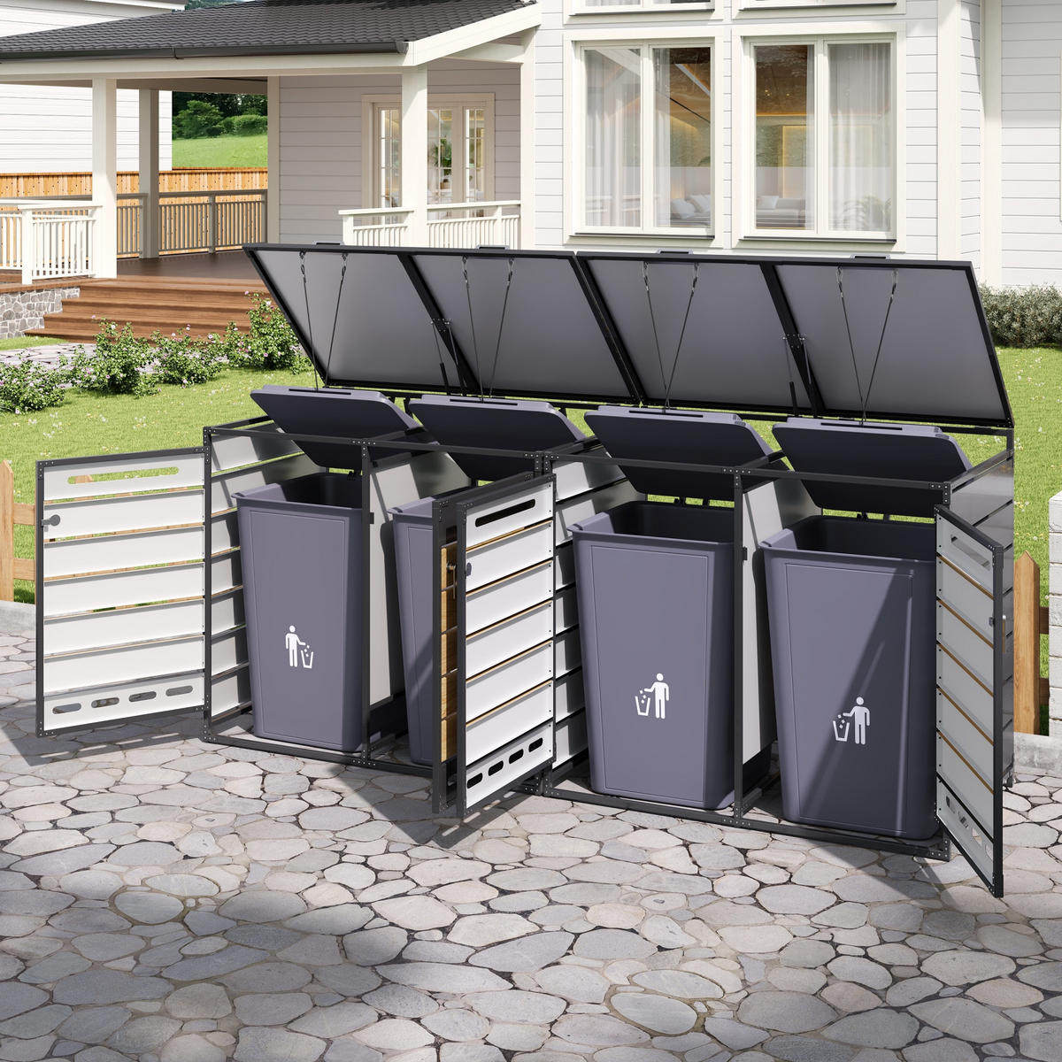 MÜLLTONNENBOX 4er Set Hydraulik Deckel Holzoptik horizontal Schloss - Schwarz, Metall (262/116/79cm) - LEBENLANG