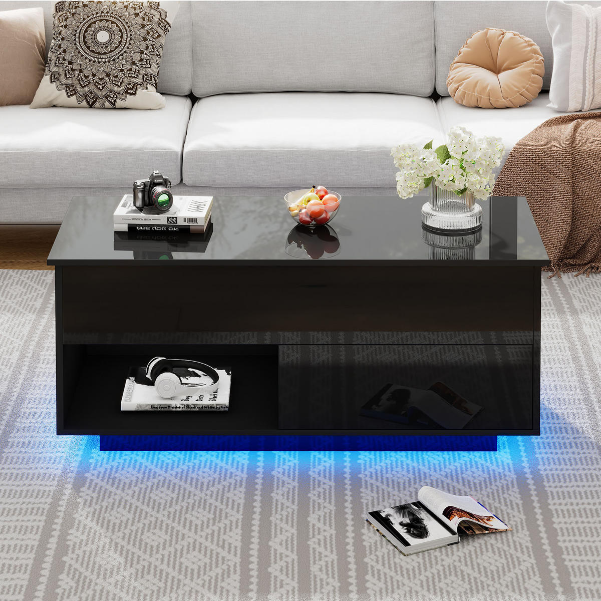 COUCHTISCH in Schwarz Wohnzimmertisch mit Liftfunktion, Stauraum und LED, B100/T50/H70.5cm - Schwarz, Holzwerkstoff (50/100/70.5cm) - STILVORA