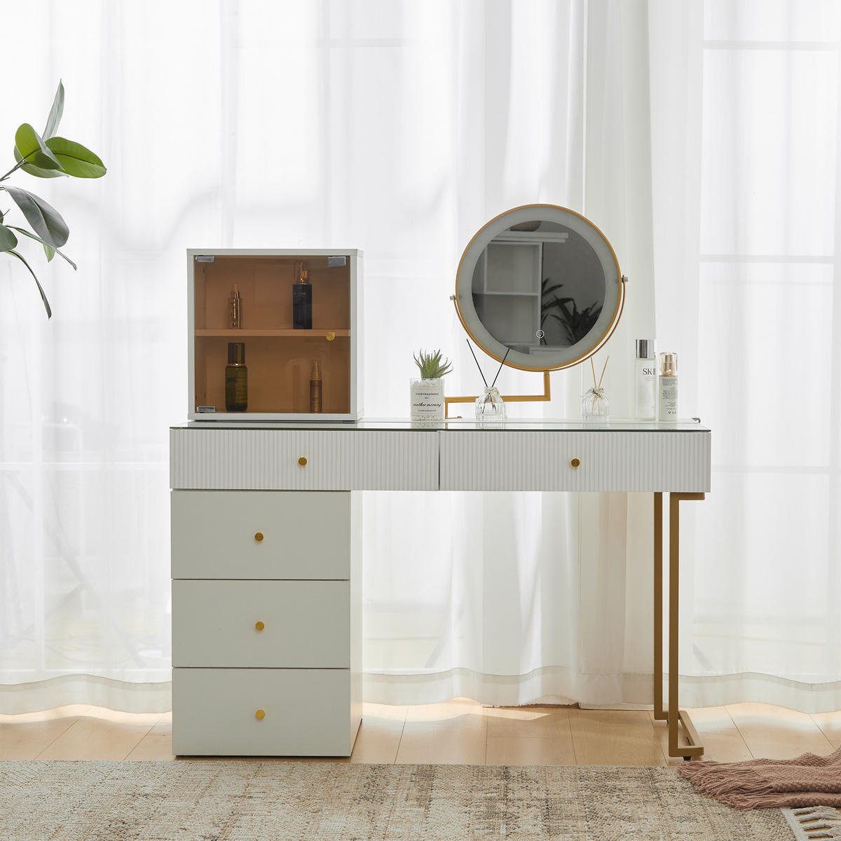 SCHMINKTISCH WEISS mit LED-Spiegel gehärtetem Glas und Schrank 120x45x115 cm - Weiß, Holzwerkstoff (45/115/120cm) - Bomclap