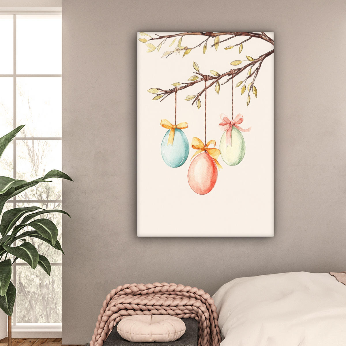 LEINWANDBILD Osterkuchen - Schleife - Eier Deko Groß 90x140 cm - Creme, Textil (90/140cm) - MuchoWow