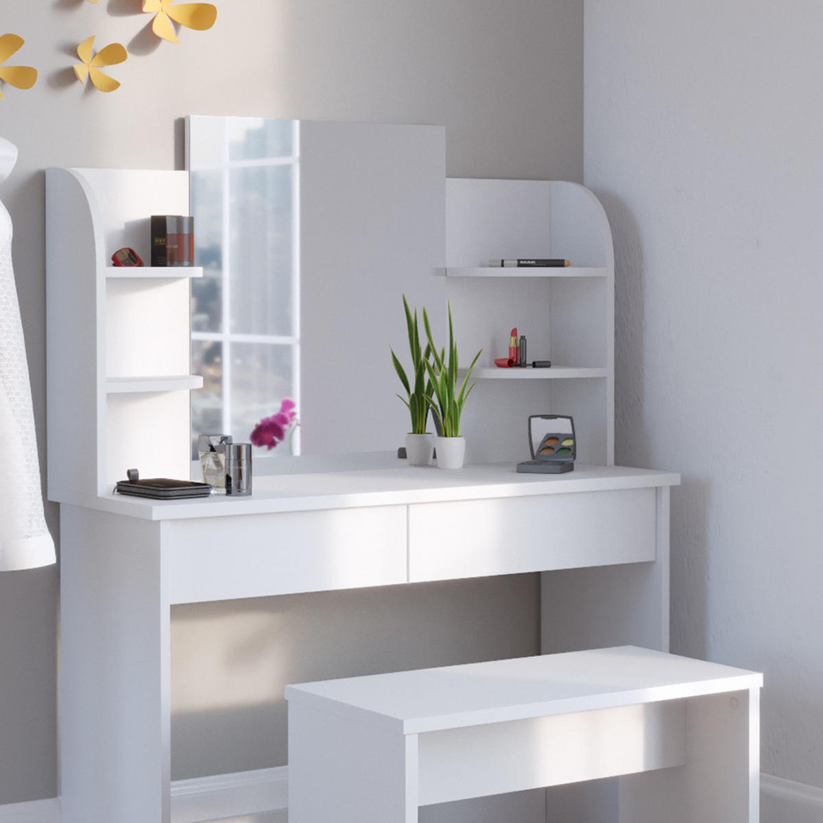 SCHMINKTISCH Charlotte Weiß 108 cm mit Bank - Weiß, Holzwerkstoff (108/139/40cm) - Vicco