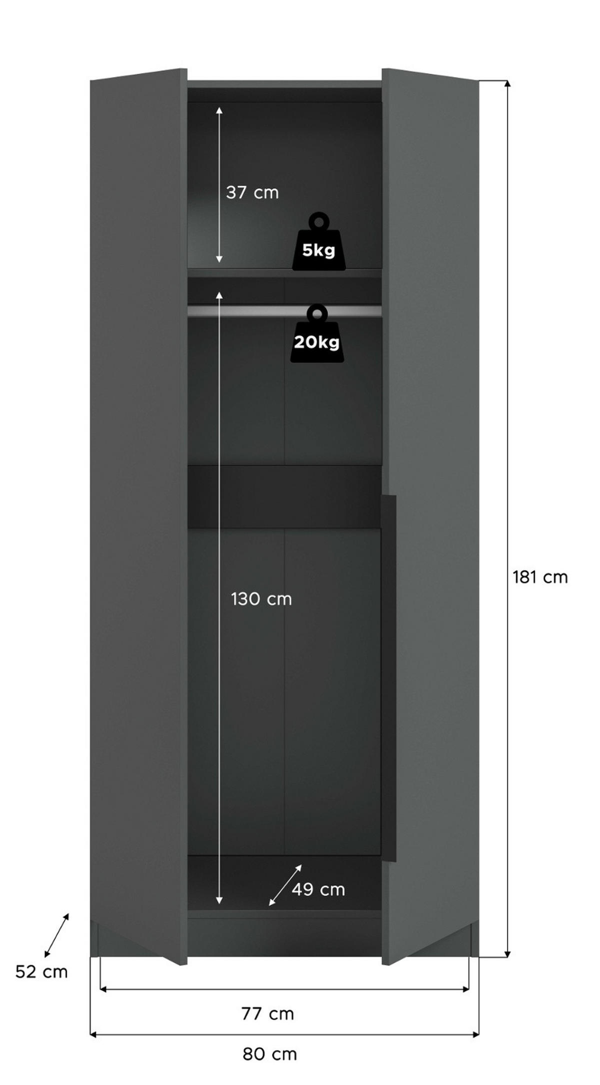KLEIDERSCHRANK grau 2-türig 80 x 181 cm, Drehtürenschrank mit zusätzlichen Einlegeböden - Schwarz/Grau, Holzwerkstoff/Kunststoff (80/181/52cm) - Inn.Furn
