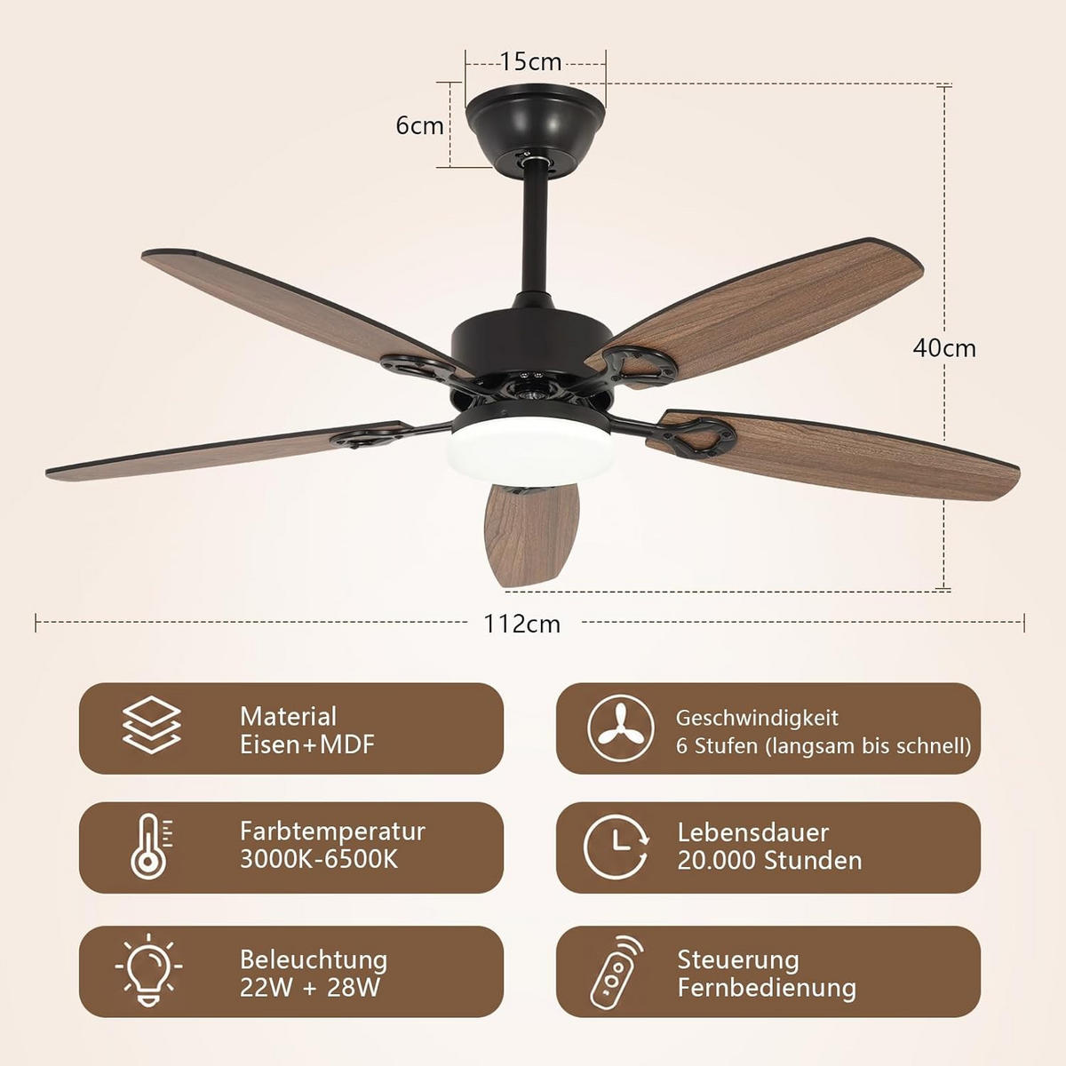 DECKENVENTILATOR mit Beleuchtung Ularen 112/15/40 cm - Schwarz, Metall (112/15/40cm) - ZMH