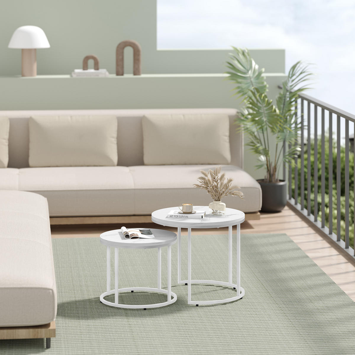 COUCHTISCH 2er Set rund marmor - Weiß, Holzwerkstoff (53/53/45cm) - Mat-Haus