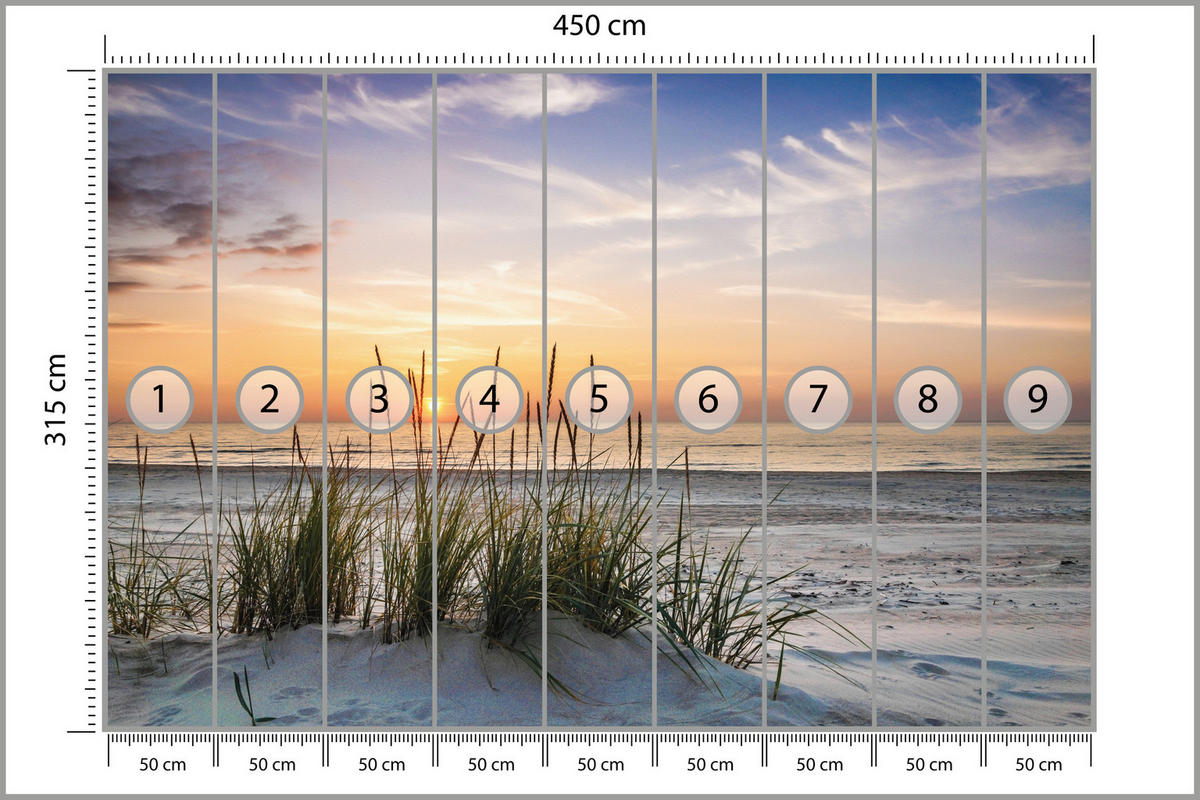 FOTOTAPETE für Schlafzimmer Landschaft Meer Strand Dünen Sonnenuntergang 450x315 - Beige/Violett, Papier (450/315cm) - Muralo