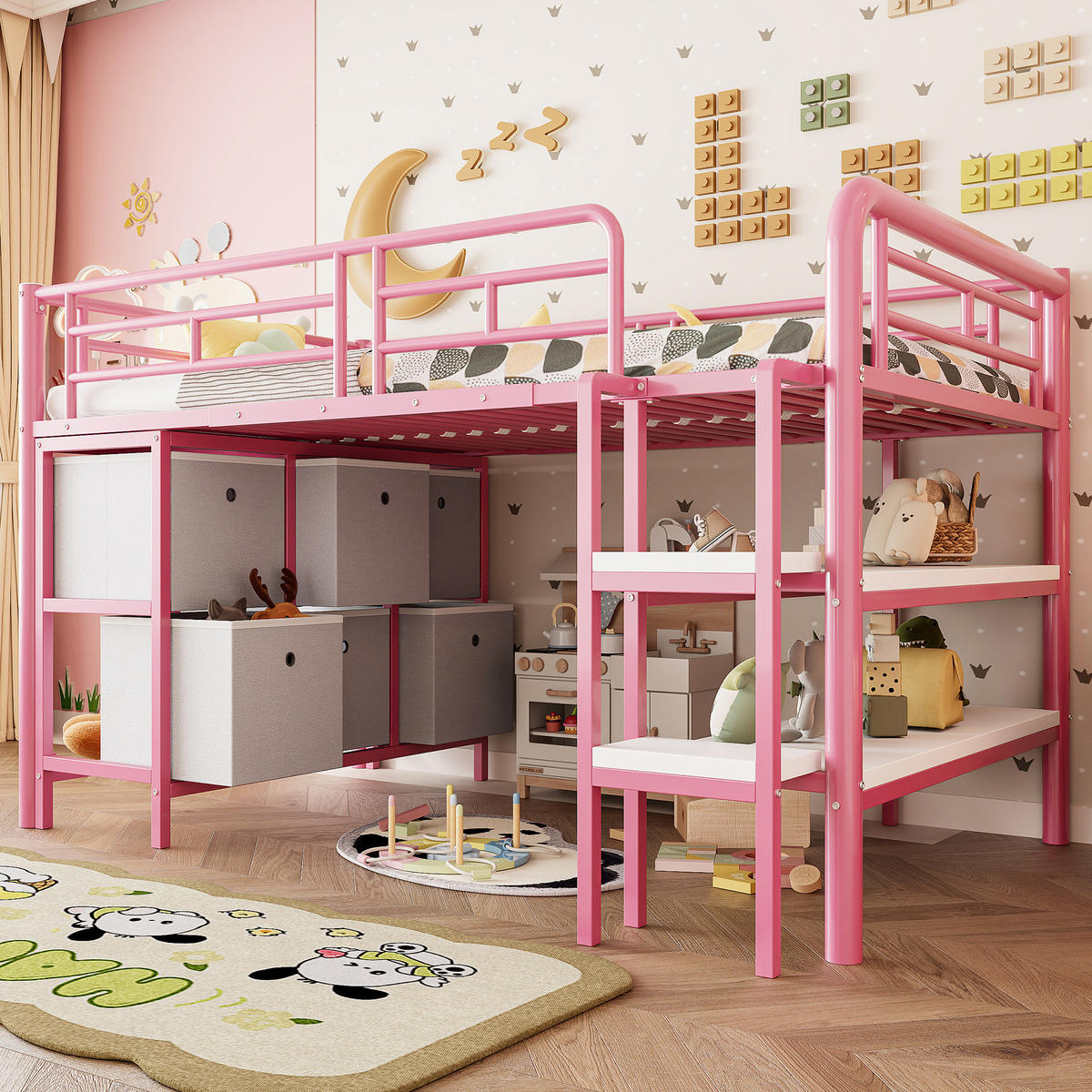 HOCHBETT 90/200 cm Pink Metall mit Stauraum und breiter Treppe - Rosa, Metall (90/200cm) - OKWISH