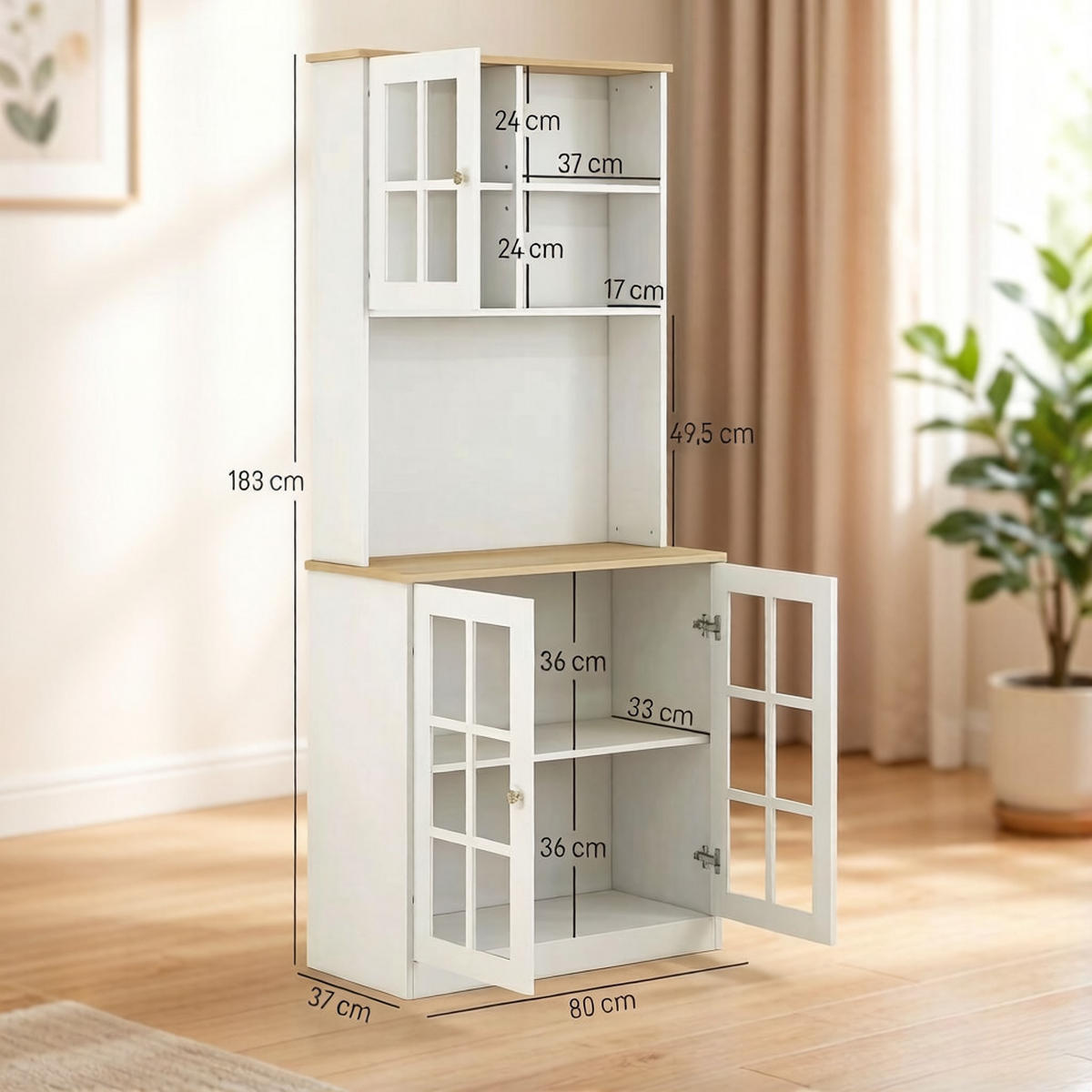 BUFFET DE-38812 80/37/183 cm, Glastüren und Arbeitsplatte Weiß - Weiß, Holzwerkstoff (80/183/37cm) - ComfortXL
