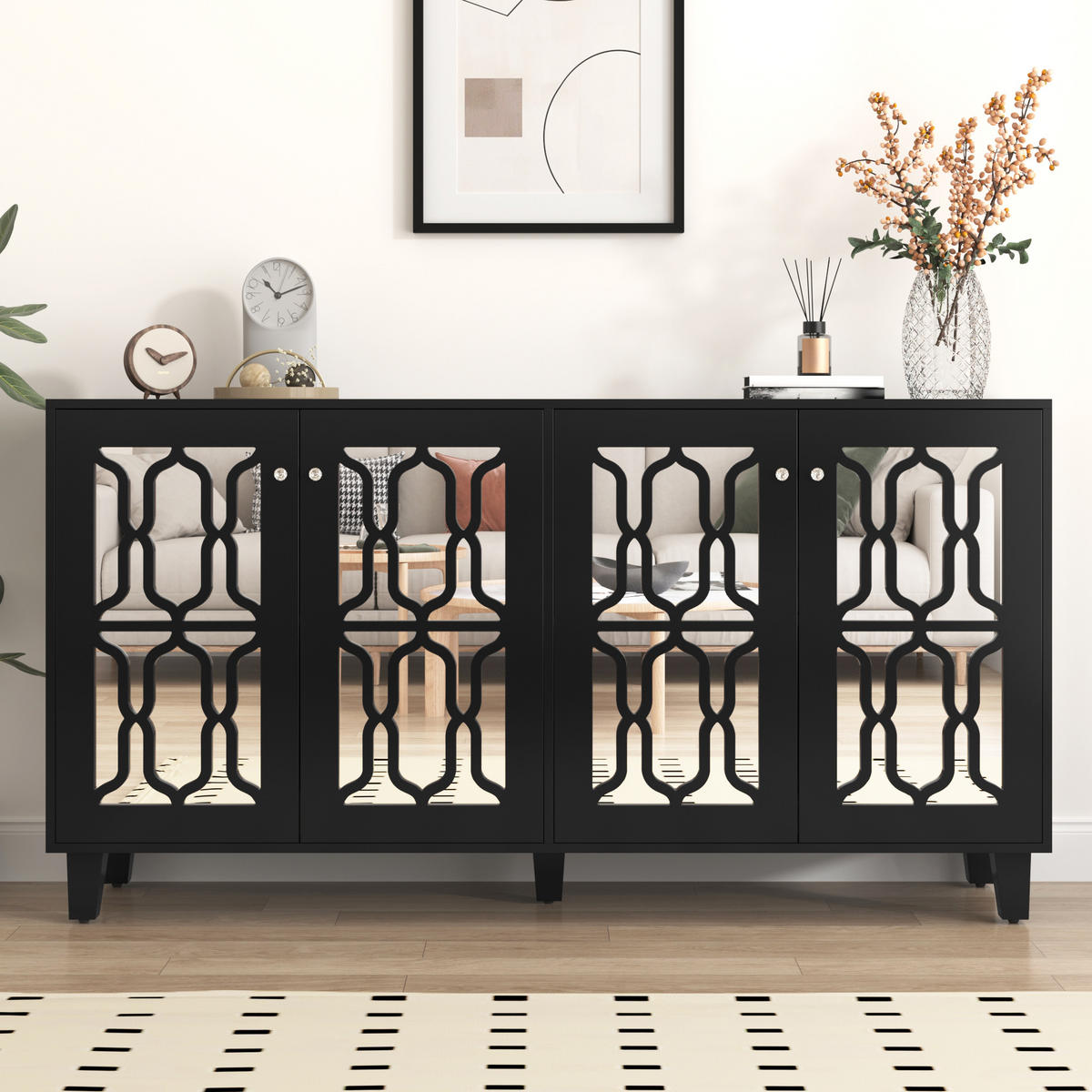 SIDEBOARD Anrichte mit 4 Türen und verstellbaren Einlegeböden mit Spiegeloberfläche Schwarz - Schwarz, Glas/Holzwerkstoff (160/84/40cm) - EVRYAE