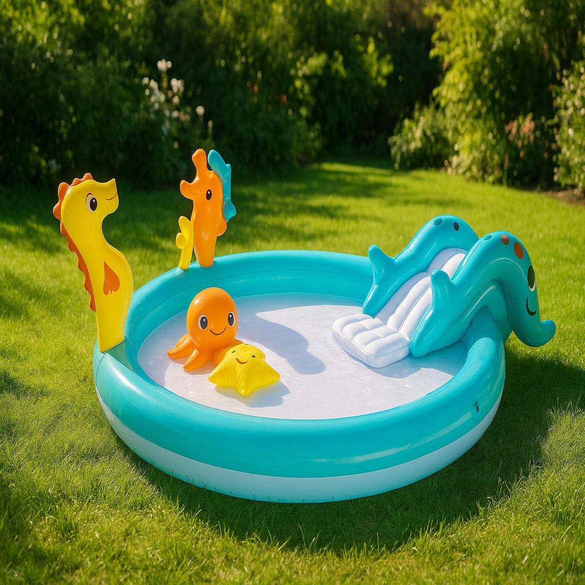 SUNCLUB Planschbecken Erlebnispool "Seepferdchen" 200x152x40 cm, mit Wassersprüher und Rutsche - Blau, Kunststoff (200/152cm) - Avenli