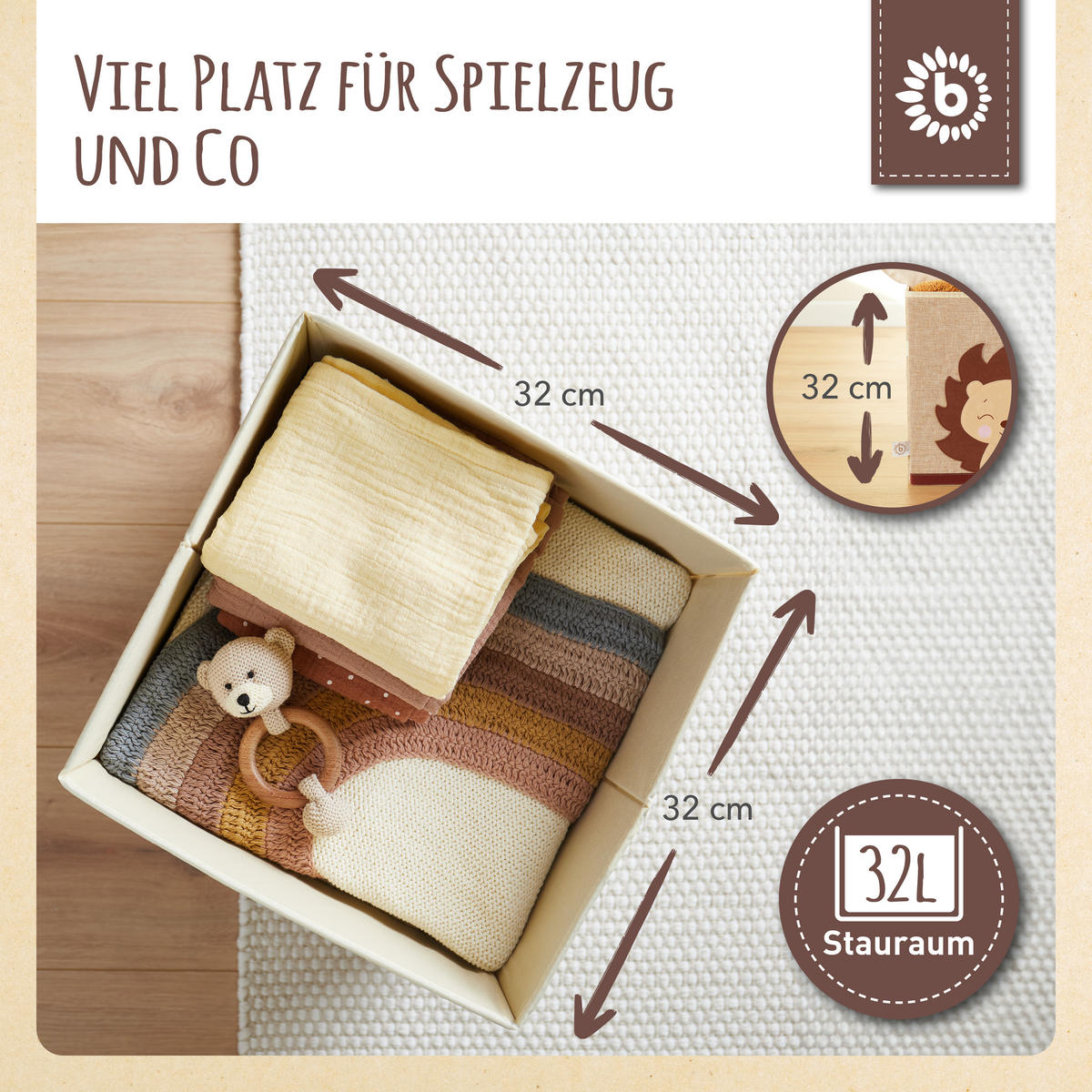 AUFBEWAHRUNGSBOX Kinder Igel Piksi - Sandfarben/Beige, Textil (33/33cm) - Bieco Spielwaren