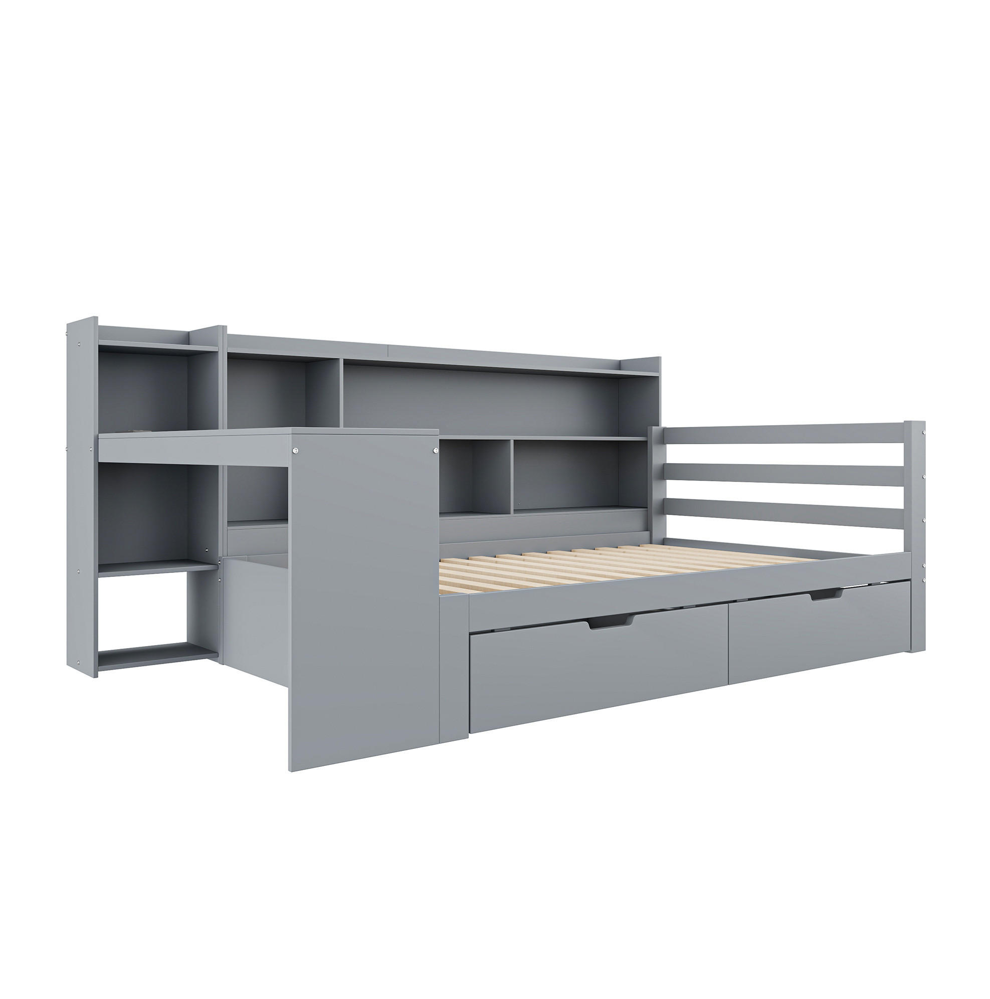 BETT 90/200 cm aus Massivholz in Grau – mit Schreibtisch, Regalen und 2 Schubladen - Grau, Holz (90/200cm) - BEAOK