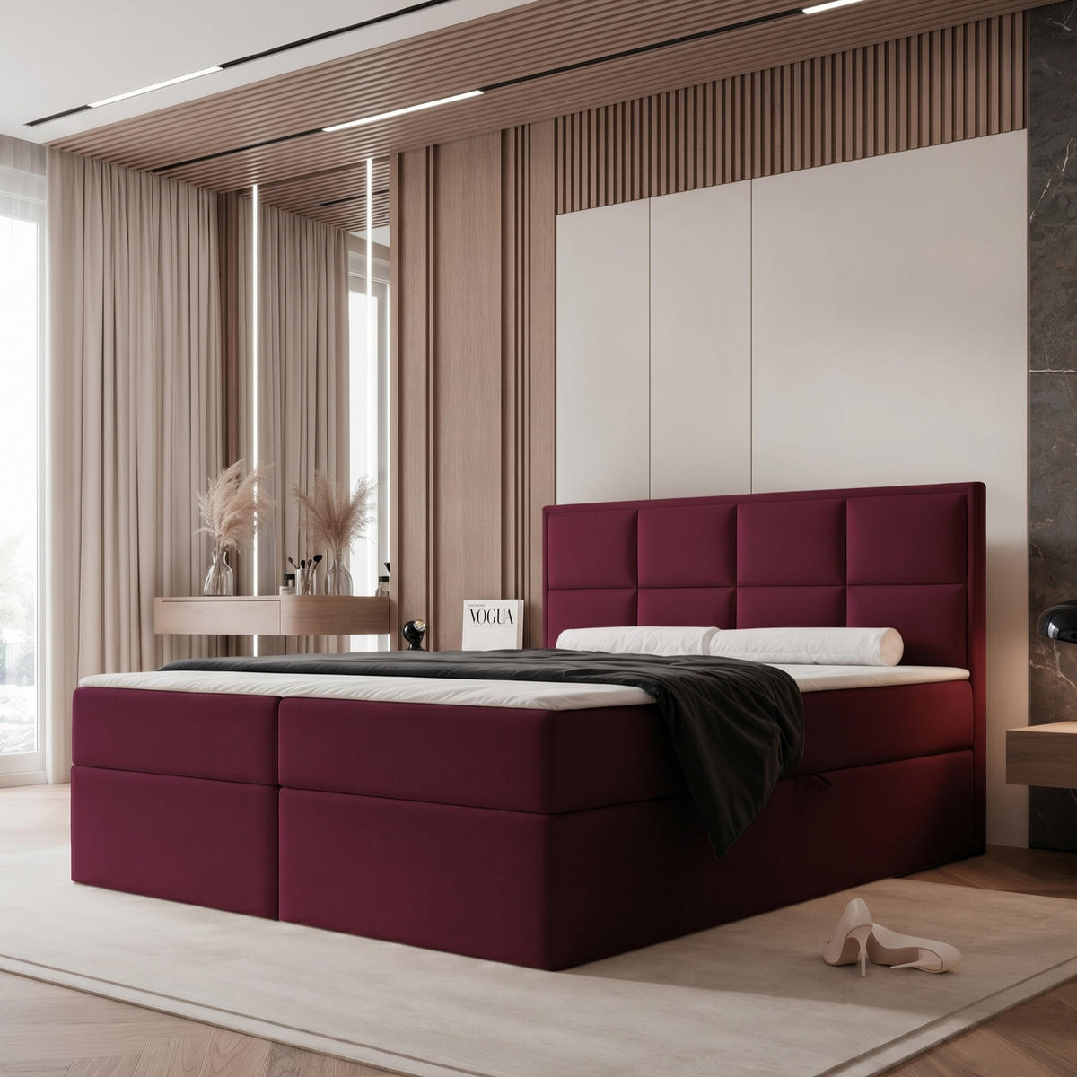 BOXBETT TIOLI 140x200 cm Bordeaux (Stoff Magic Velvet) - mit Bettkasten, Bonellmatratze und Paneel-Kopfteil - Bordeaux, Holzwerkstoff/Textil (140/200cm) - Ravio