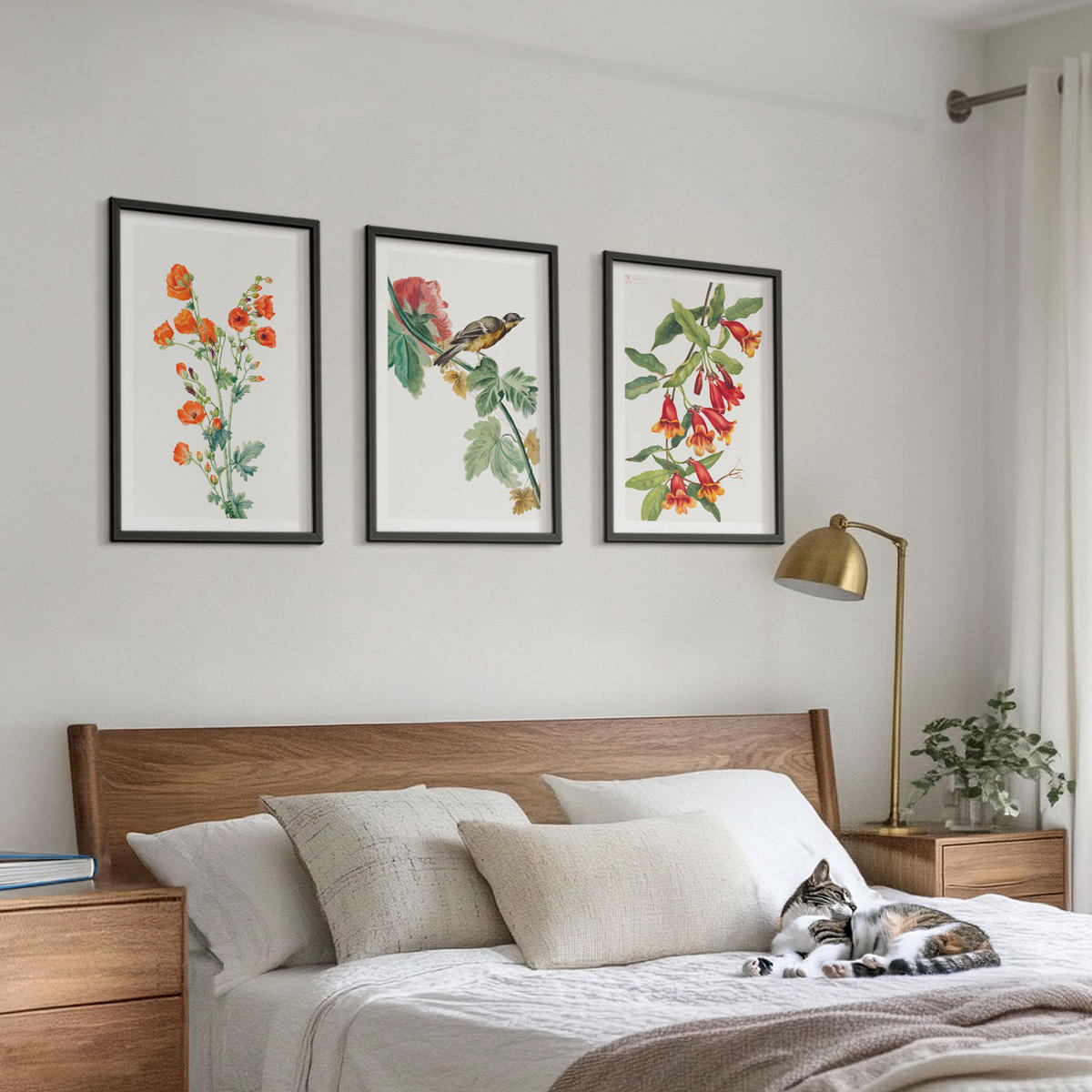 BILDER SET 3er Set - 40x60 cm Schwarzer Rahmen - Gemalte Blumen und ein Vogel - Schwarz, Kunststoff (40/60cm) - TULUP