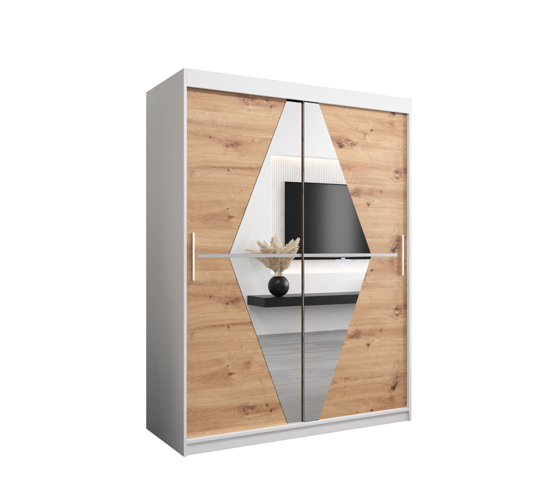 Abiks Möbel SCHWEBETÜRENSCHRANK Weiß, Eiche Artisan 150cm × 62cm × 200cm