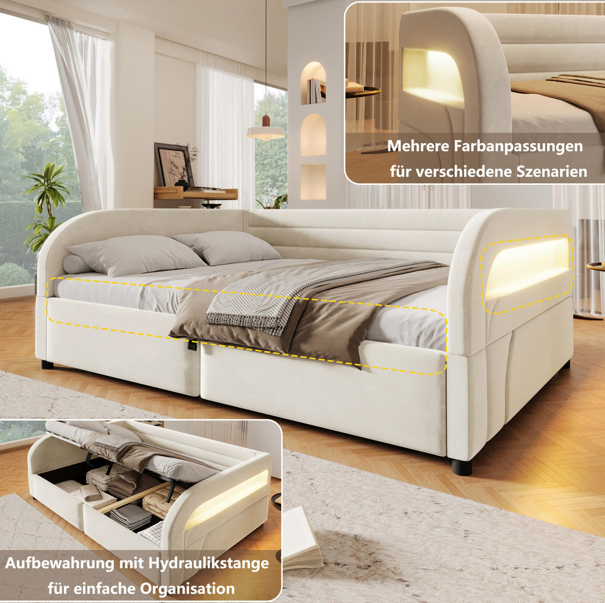 POLSTERBETT 140x200 cm in Beige mit hydraulischem Stauraum und LED-Beleuchtung - Beige, Textil (140/200cm) - IVMEU