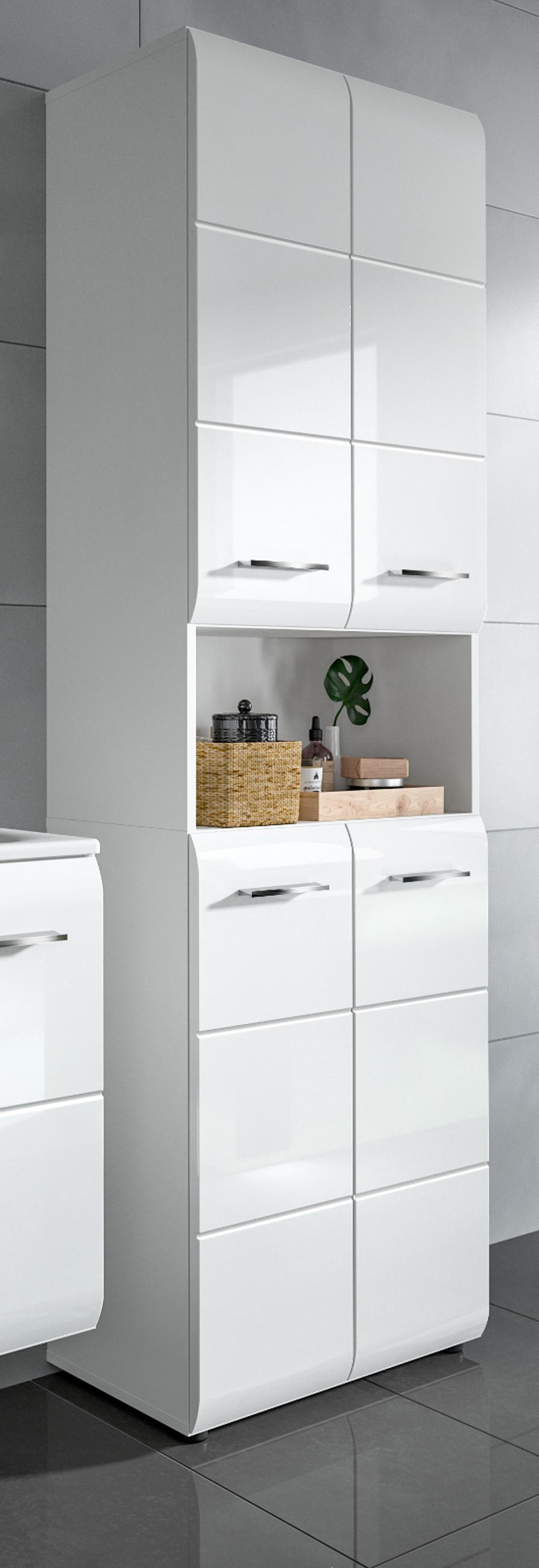 HOCHSCHRANK weiß Hochglanz, Badschrank 60 cm mit 7 großen Stauraum-Fächern - Weiß Hochglanz/Silberfarben, Holzwerkstoff/Kunststoff (60/185/30cm) - Inn.Furn