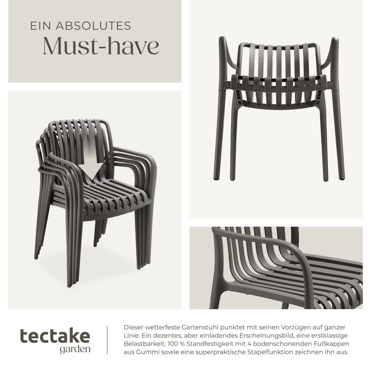 GARTENSTÜHLE Alcudia,54,5 x 58 x 80,5 cm, Belastbarkeit 120 kg, anthrazit - Anthrazit, Kunststoff/Textil (54.5/80.5/58cm) - tectake