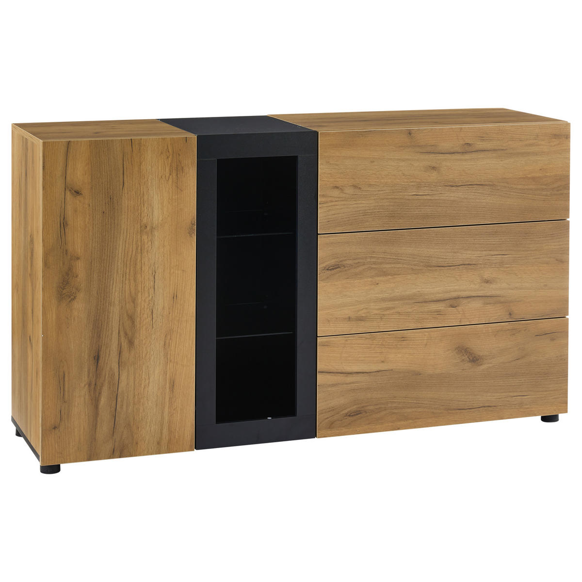 SIDEBOARD 140/40/80 cm in Braun und Schwarz mit LED und 3 Schubladen - Schwarz/Braun, Glas/Holzwerkstoff (140/80/40cm) - CHICFURN