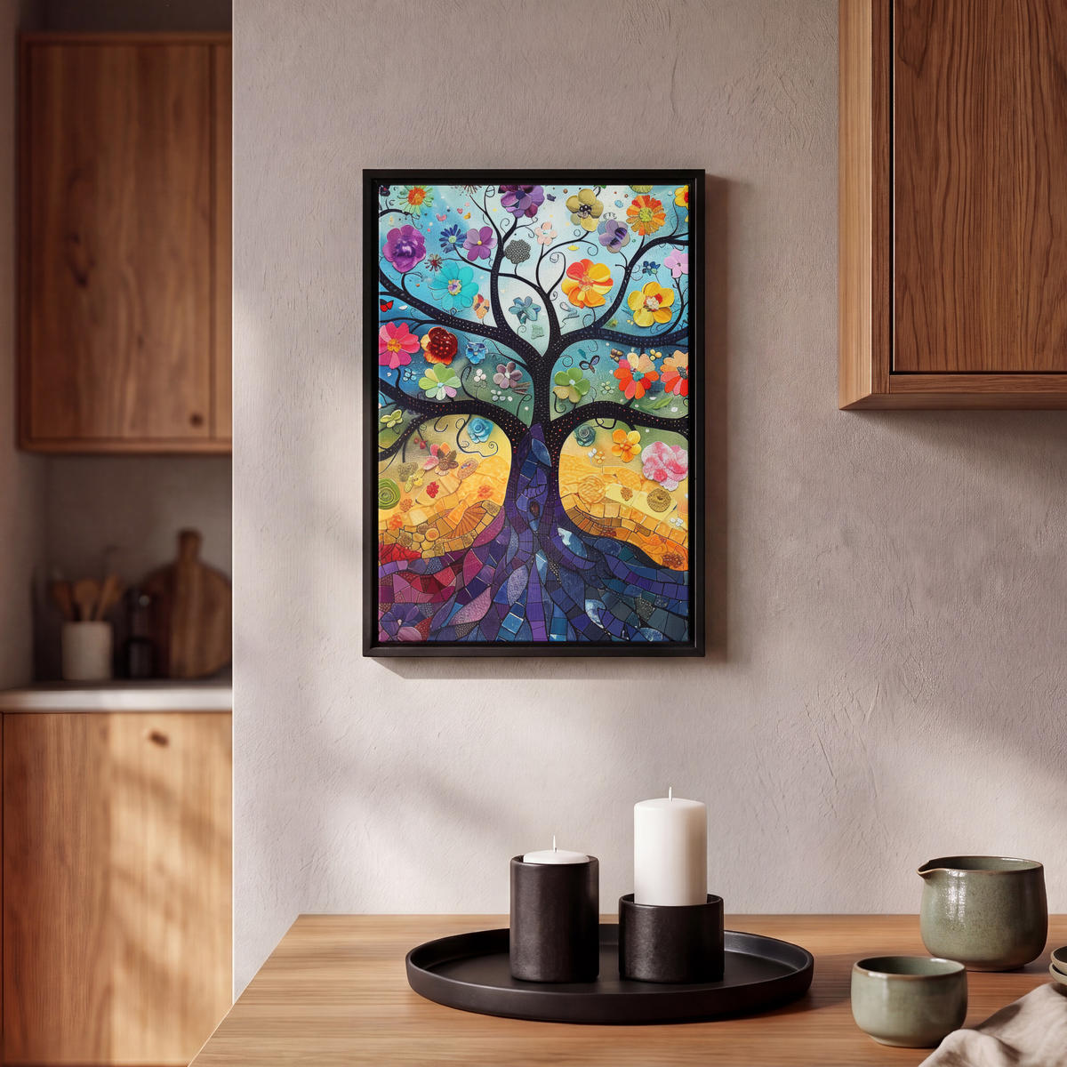 LEINWAND Bilder mit Rahmen - Kunst - Baum des Lebens - Blumen - Hippie - 20x30 - Dunkelblau, Textil (20/30cm) - MuchoWow