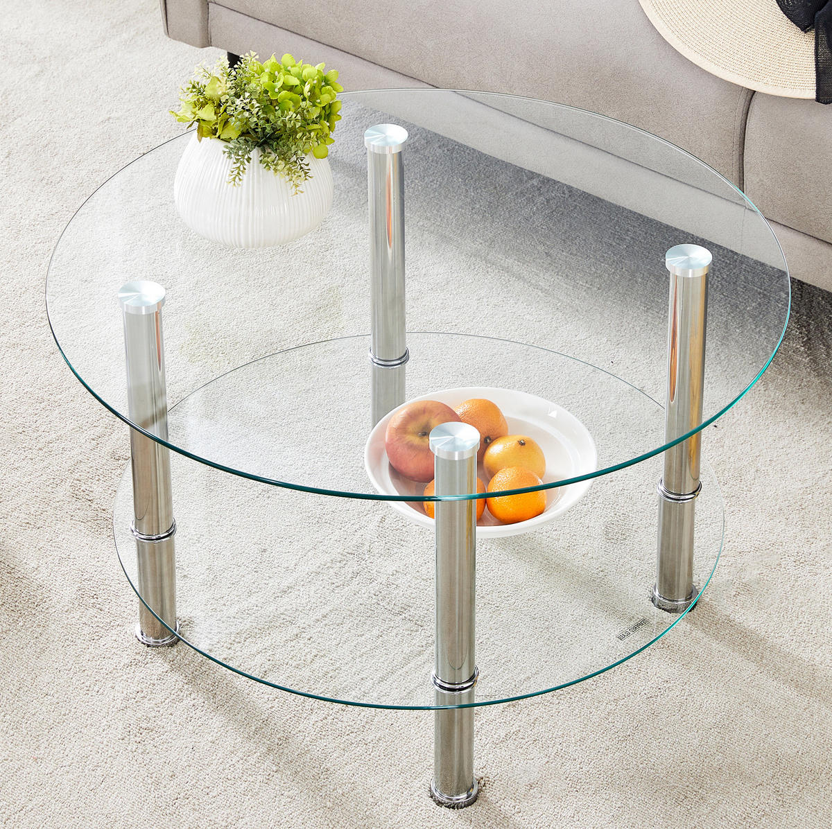 COUCHTISCH 70/60/42 cm Silber/Transparent aus Glas und Metall zweistufig - Silberfarben, Glas (70/70/42cm) - OKMYHOME