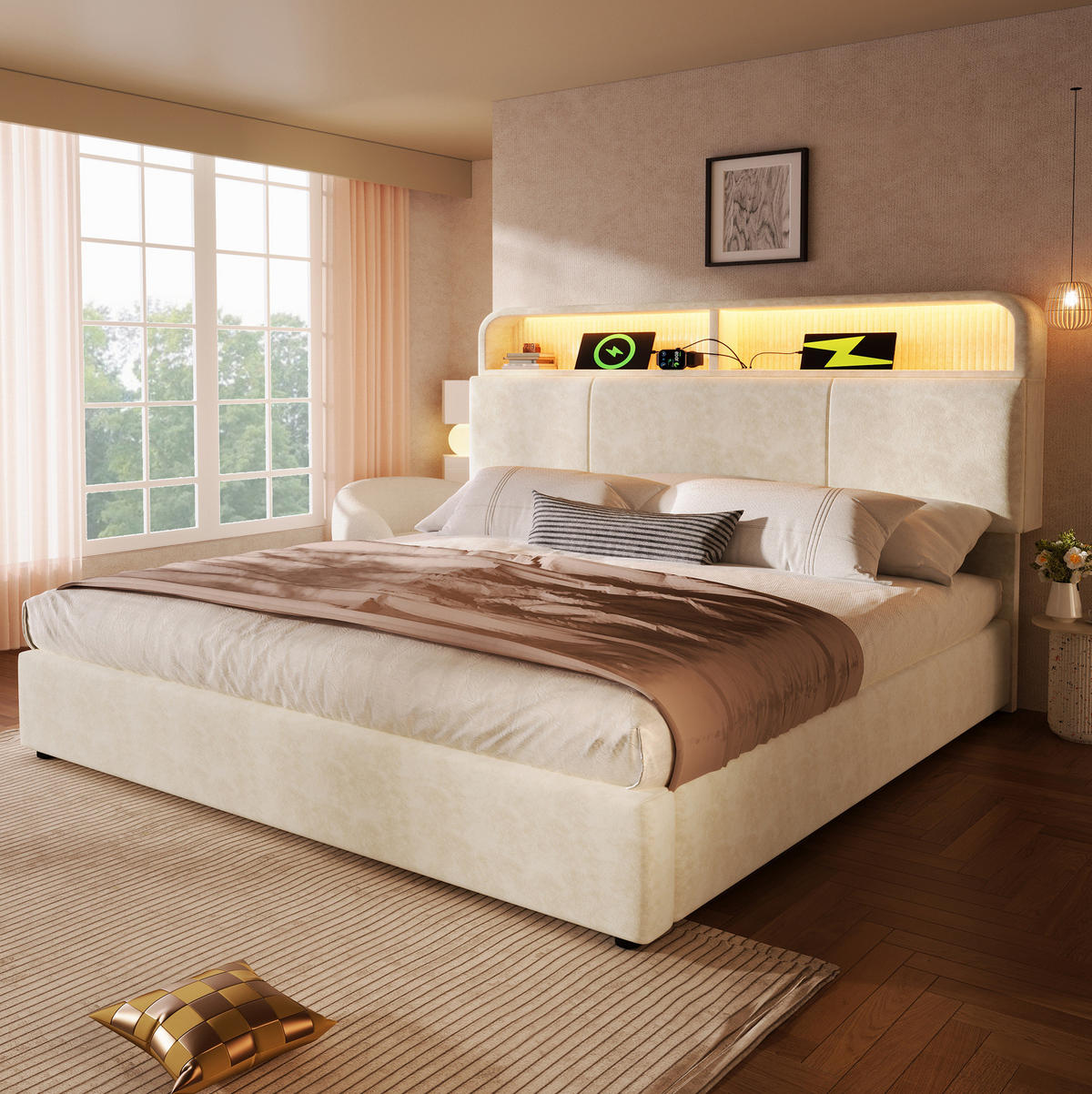 POLSTERBETT mit Stauraum 160x200 cm Samt Beige mit LED und USB - Beige, Metall (160/200cm) - Meubliv