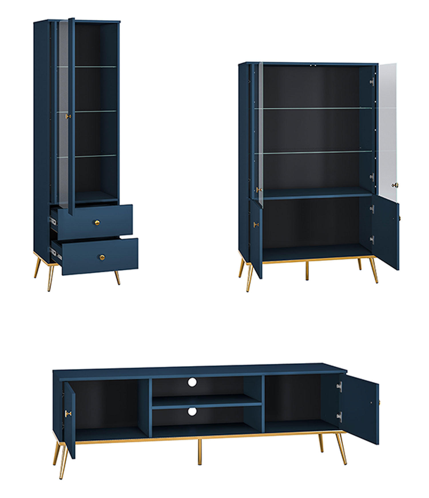 WOHNWAND Marine dunkelblau / gold 307 / 40 / 190cm 3-teilig - Blau/Dunkelblau, Holz/Holzwerkstoff (307/190/40cm) - Feldmann-Wohnen