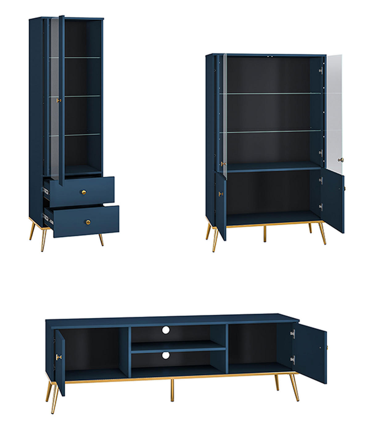 WOHNWAND Marine dunkelblau / gold 307 / 40 / 190cm 3-teilig - Blau/Dunkelblau, Holz/Holzwerkstoff (307/190/40cm) - Feldmann-Wohnen
