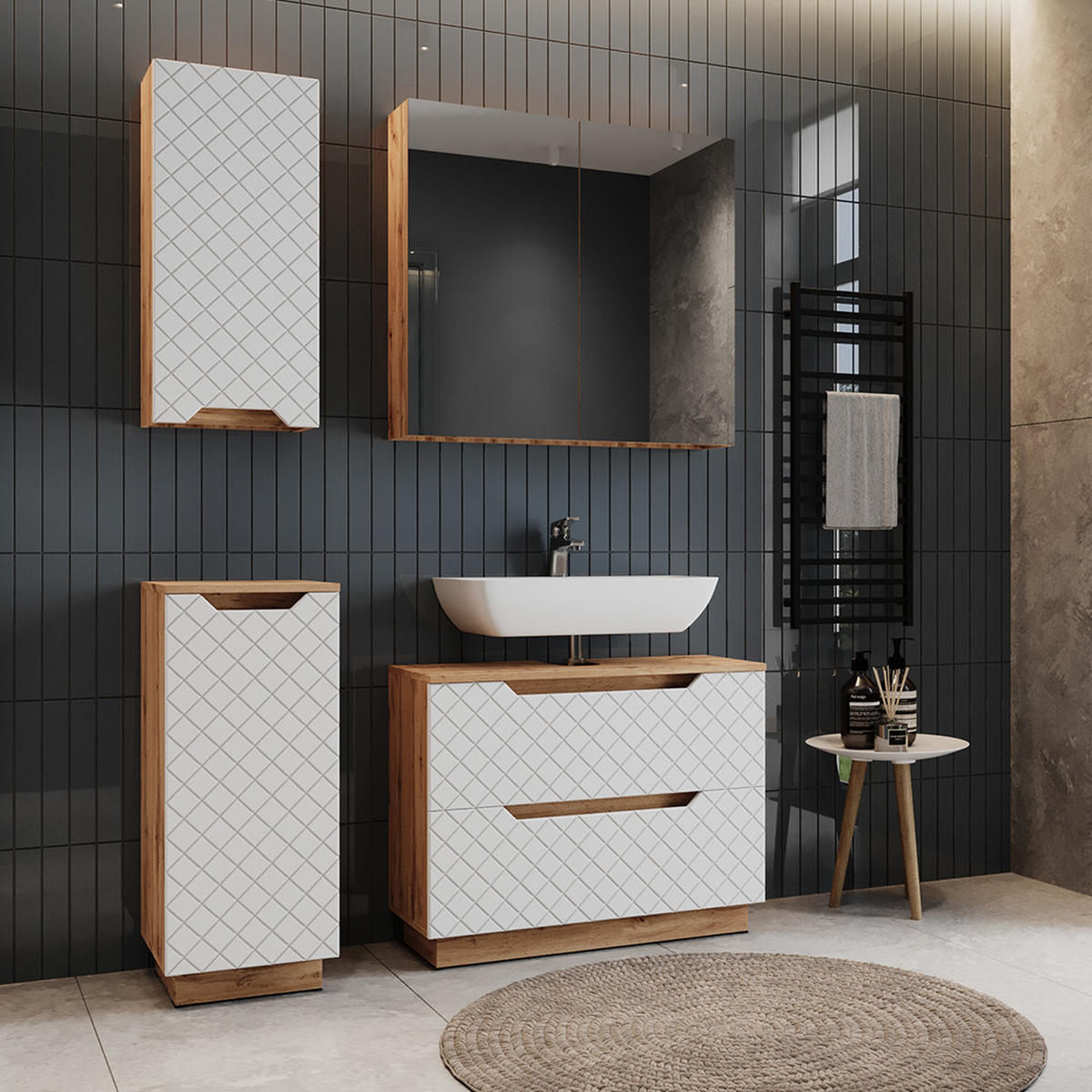 BADMÖBEL-SET Lotta Eiche/Weiß mit Kachelstruktur 4 Teile - Eichefarben/Weiß, Holzwerkstoff (79.6/62.5/32cm) - Vicco