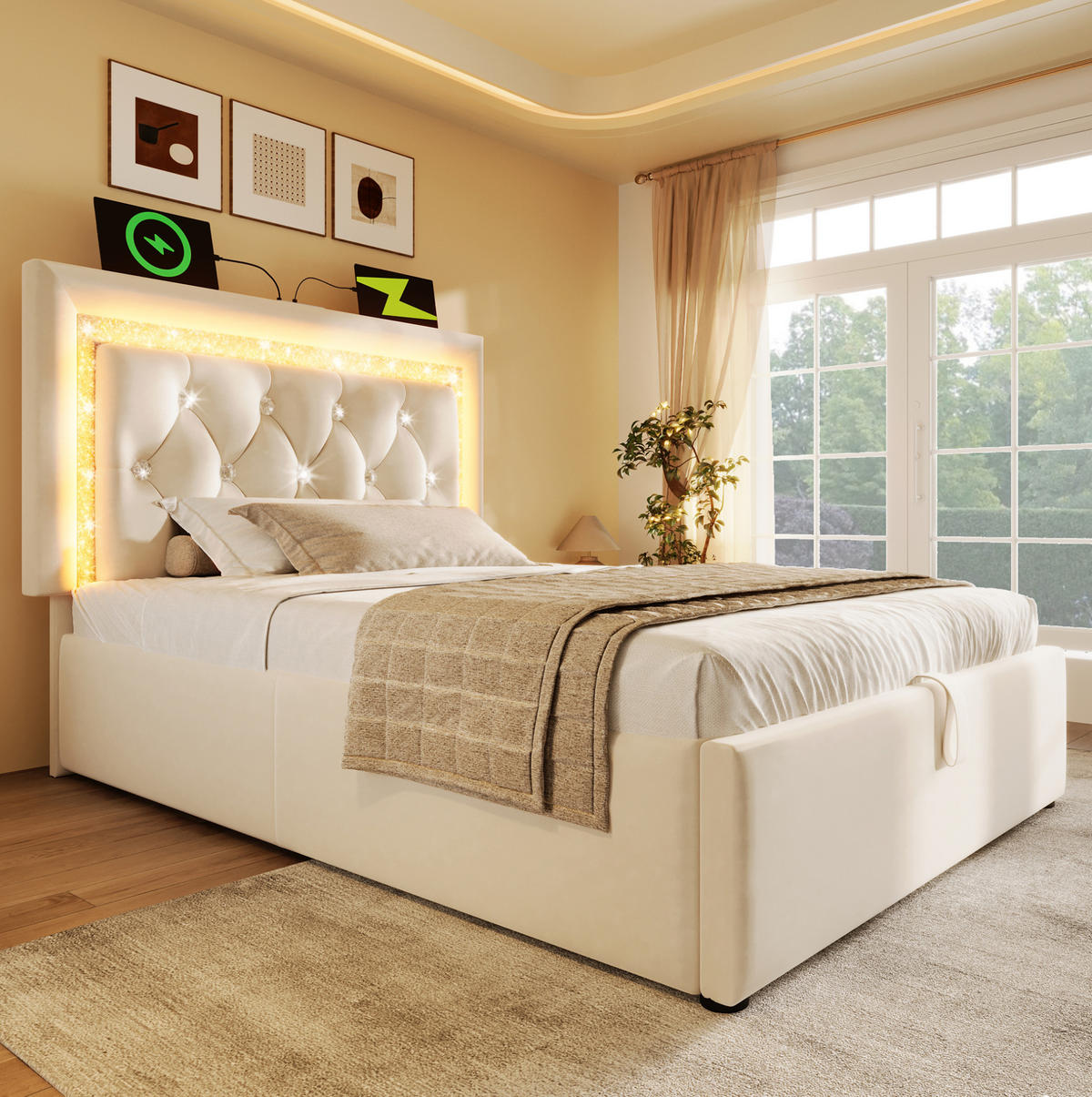POLSTERBETT 90/200 cm Beige aus Samt mit Stauraum und LED-Beleuchtung mit Matratze - Beige, Textil (90/200cm) - OKWISH