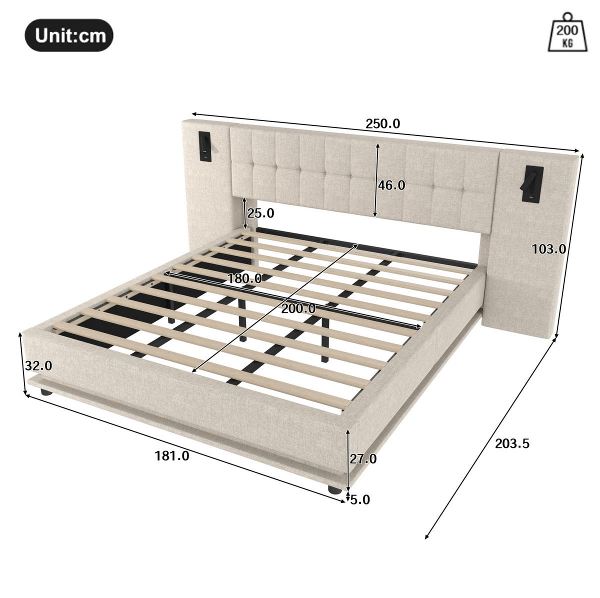 ČALÚNENÁ posteľ 180/200 cm s LED osvetlením, USB portom a lampičkou v čele, bez matraca, Béžová - béžová, textil (180/200cm) - Redom