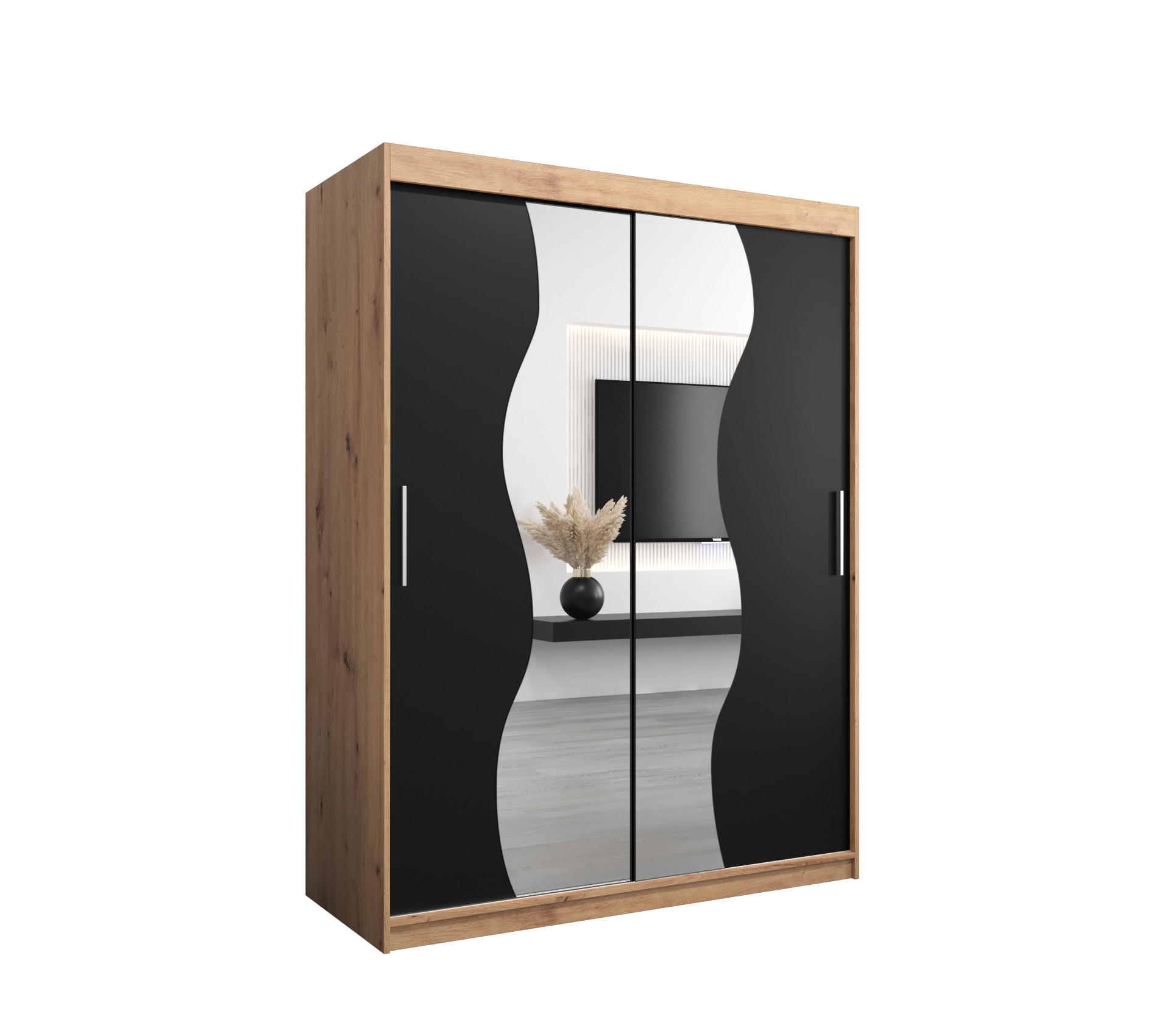 Abiks Möbel Schwebetürenschrank Eiche Artisan, Schwarz 150x200x62 cm