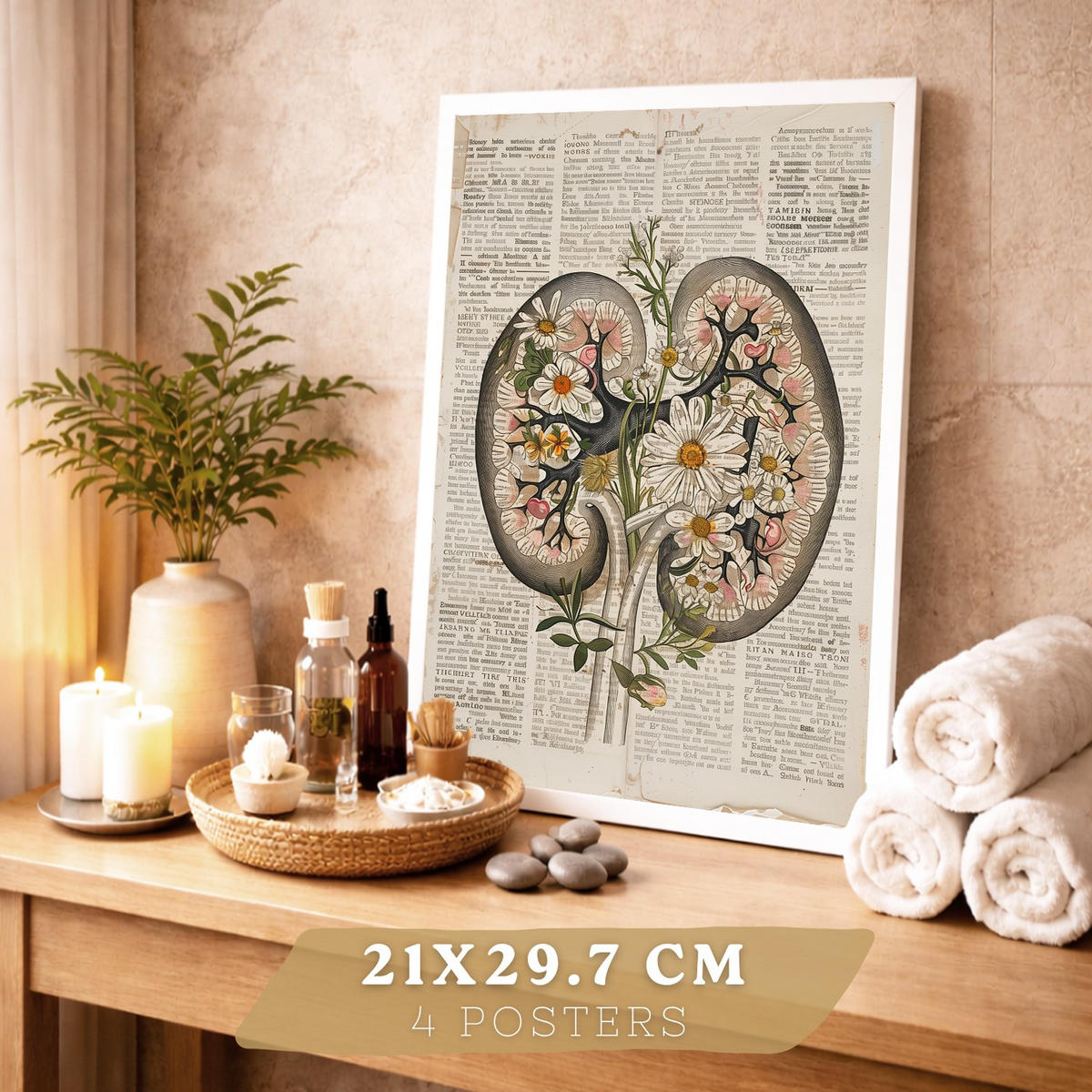 POSTER Set aus 4 Anatomie Drucke und Wandbilder mit Nieren Becken Knochen Hüfte Rippen Wirbelsäule Schädel Antiker Buch Stil Größe Weißer Rahmen A4 - Weiß, Papier (21/29.7/3cm) - Nacnic