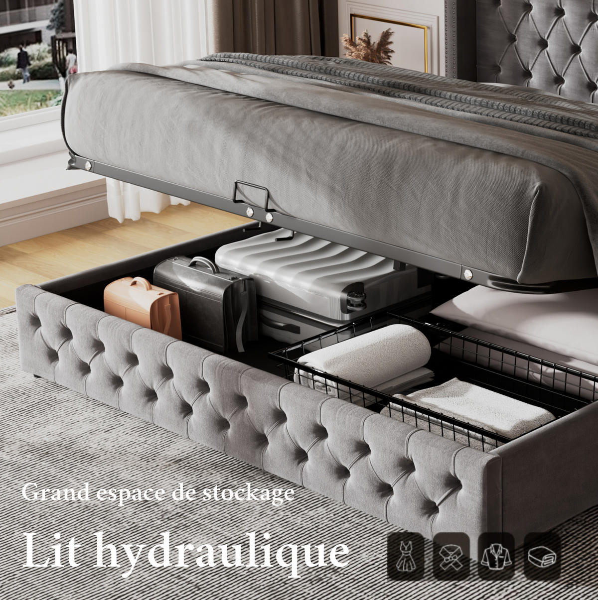 POLSTERBETT 140/190 cm mit hydraulischem Bettkasten und Chesterfield-Steppung aus Samt, Grau - Grau, Textil (140/190cm) - Redom
