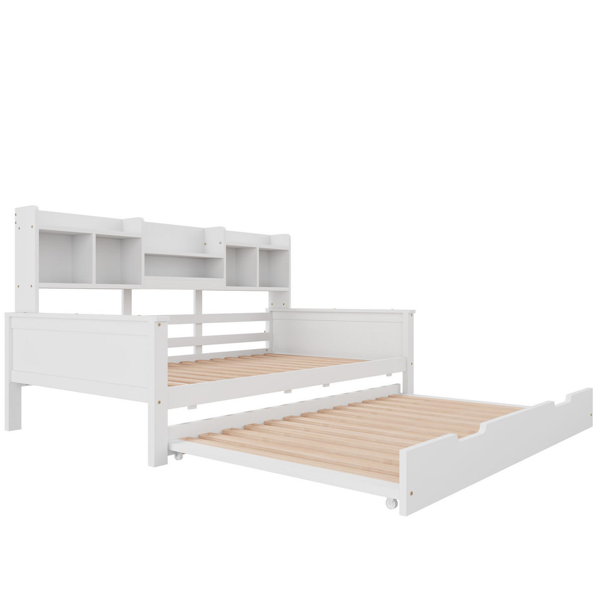 BETT mit integriertem Regal und Ausziehfunktion 90/200 cm Kiefernholz Weiß - Weiß, Holz (90/200cm) - OKWISH