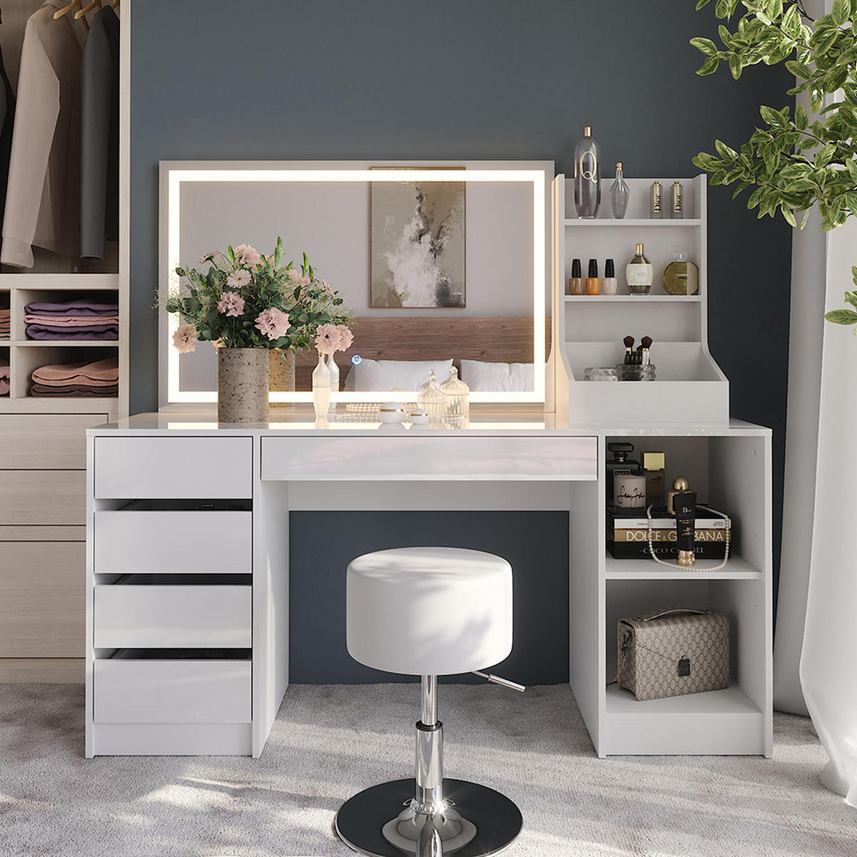 SCHMINKTISCH Sherry Weiß/Weiß Hochglanz 158.2 cm 4 Teile - Weiß Hochglanz, Holzwerkstoff (158.2/76/50.1cm) - Vicco