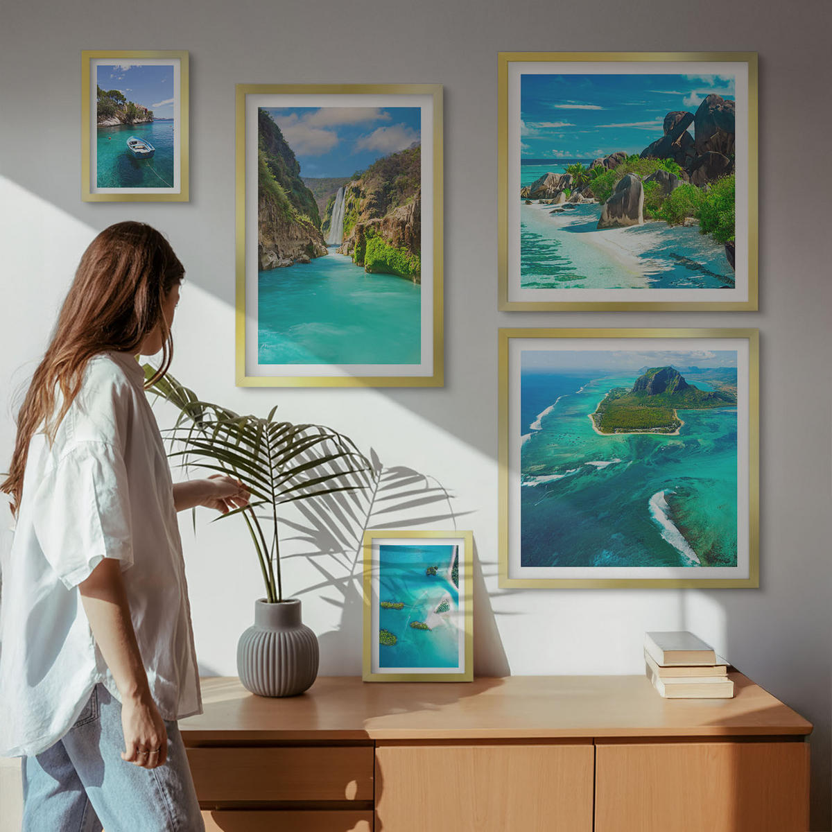 WANDBILDER 5er Set - 50x50 cm & 20x30 cm & 40x60 cm Goldrahmen - Seeboote Hirsche Berge - Goldfarben, Kunststoff (40/60cm) - ArtPrintCave