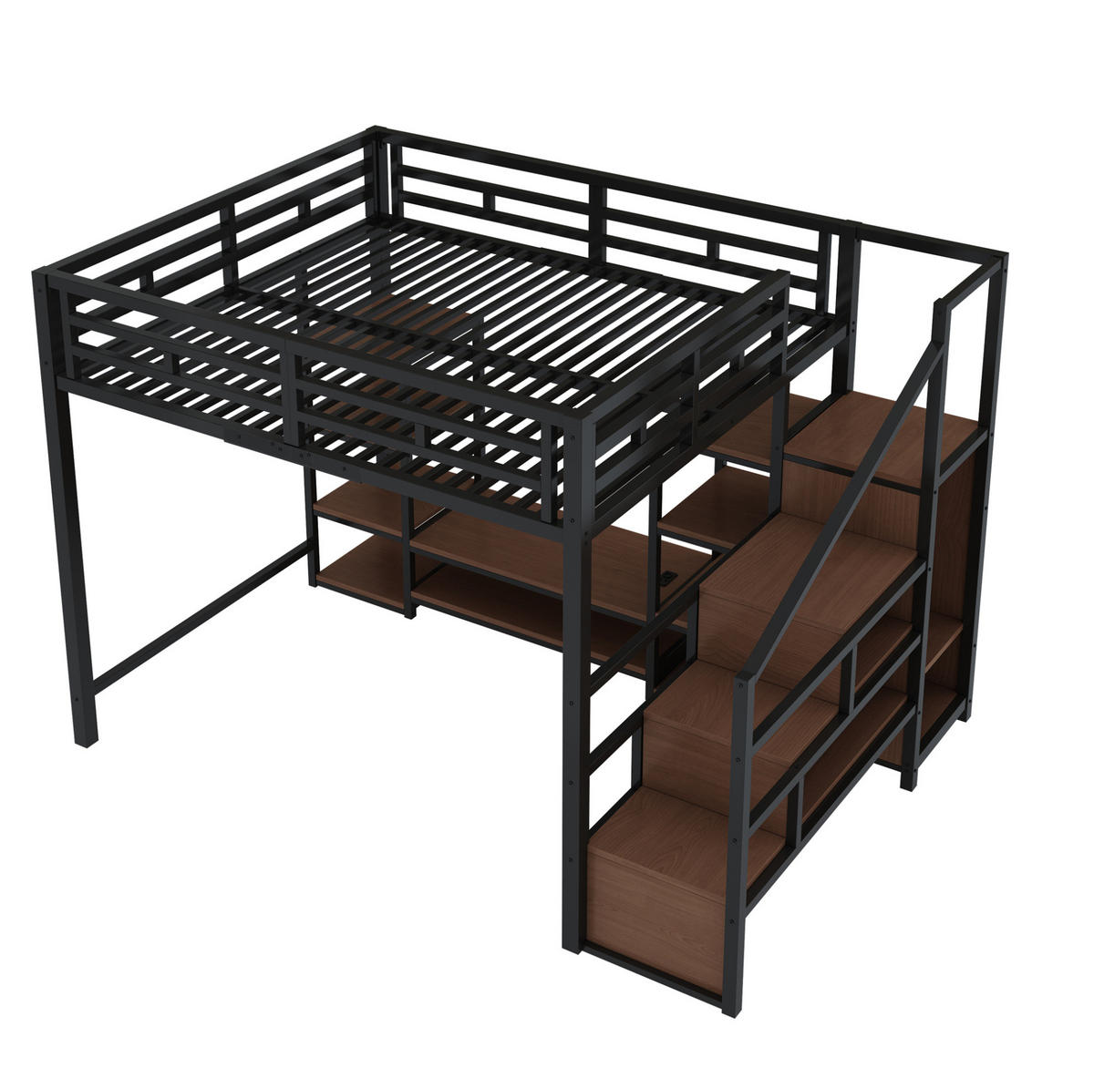 HOCHBETT Metall/MDF 140x200 cm Schwarz mit TV-Ständer, Steckdose und Aufbewahrungsleiter - Schwarz, Metall (140/200cm) - Modfu