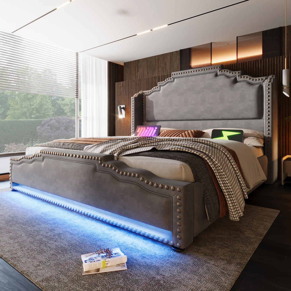 POLSTERBETT 140/200 cm Grau mit Stauraum, LED-Beleuchtung und USB-Anschlüssen - Grau, Textil (140/200cm) - OKWISH