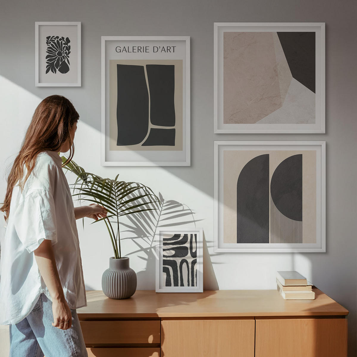 BILDER SET 5er Set - 50x50 cm & 20x30 cm & 40x60 cm Weißer Rahmen - Abstrakte minimalistische Poster - Weiß, Kunststoff (40/60cm) - TULUP