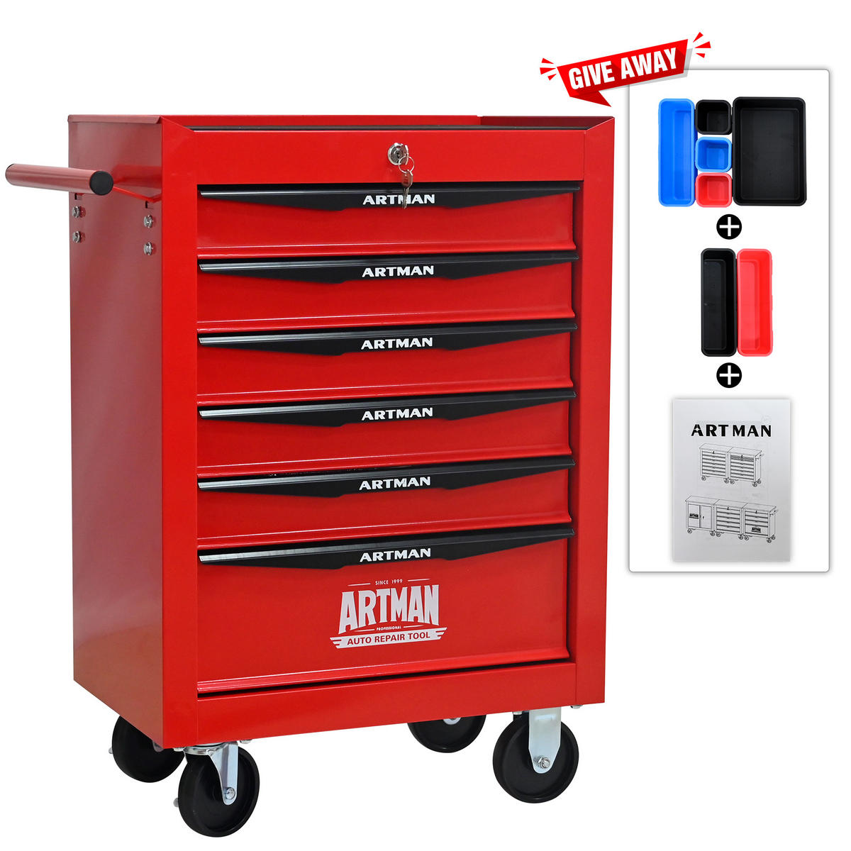 KOMBINATIONS-WERKZEUGKASTEN – 6 Schubladen, 508 mm (20 Zoll), mit 6 Schubladen, Farbgebung in Rot und Schwarz. - Multicolor, Metall (33/77.5/60cm) - DCA
