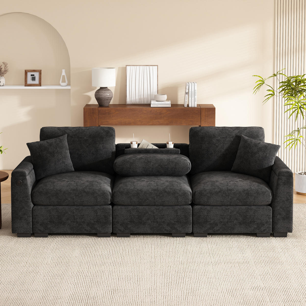 3-SITZER Sofa Chenille mit Klapptisch USB-Anschluss und Stauraum 242/80/88 cm Grau - Grau, Kunststoff/Textil (80/88/242cm) - Redom