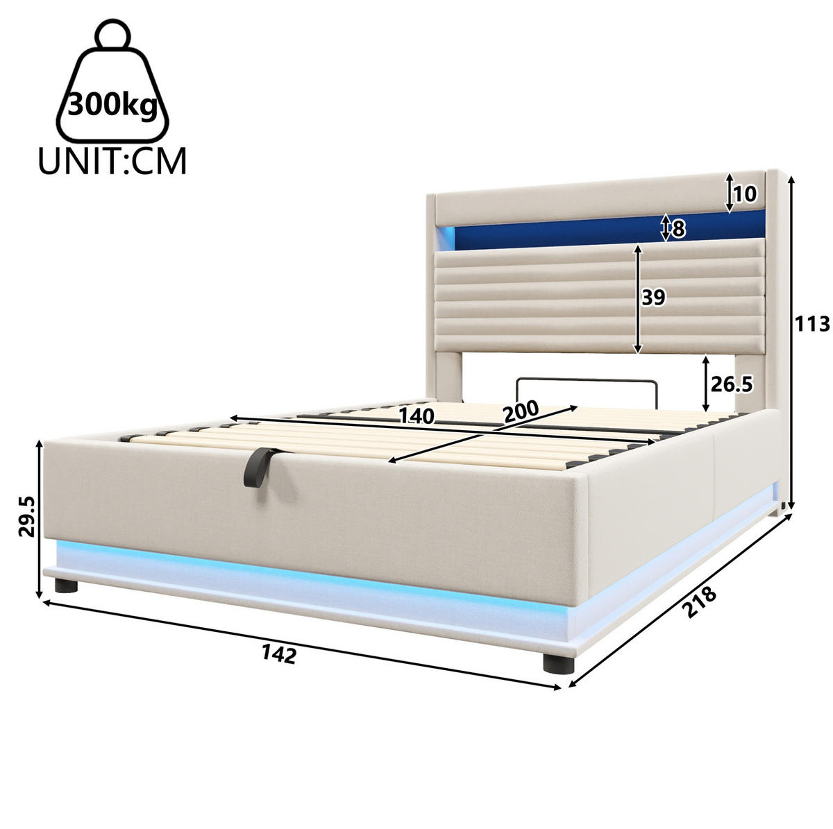 POLSTERBETT 140/200 cm mit LED-Beleuchtung, USB- und Typ-C-Anschluss, hydraulischem Stauraum und Leinenbezug, Beige - Beige, Textil (140/200cm) - Redom