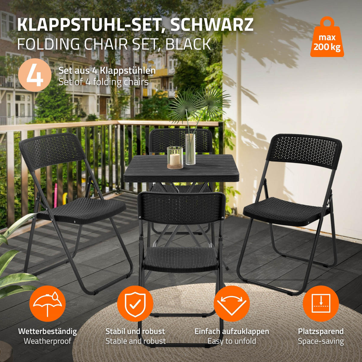 KLAPPSTUHL 4er Set Rattan-Optik Schwarz Kunststoff Metall - Dunkelgrau, Metall (51/82/46cm) - ECD-Germany