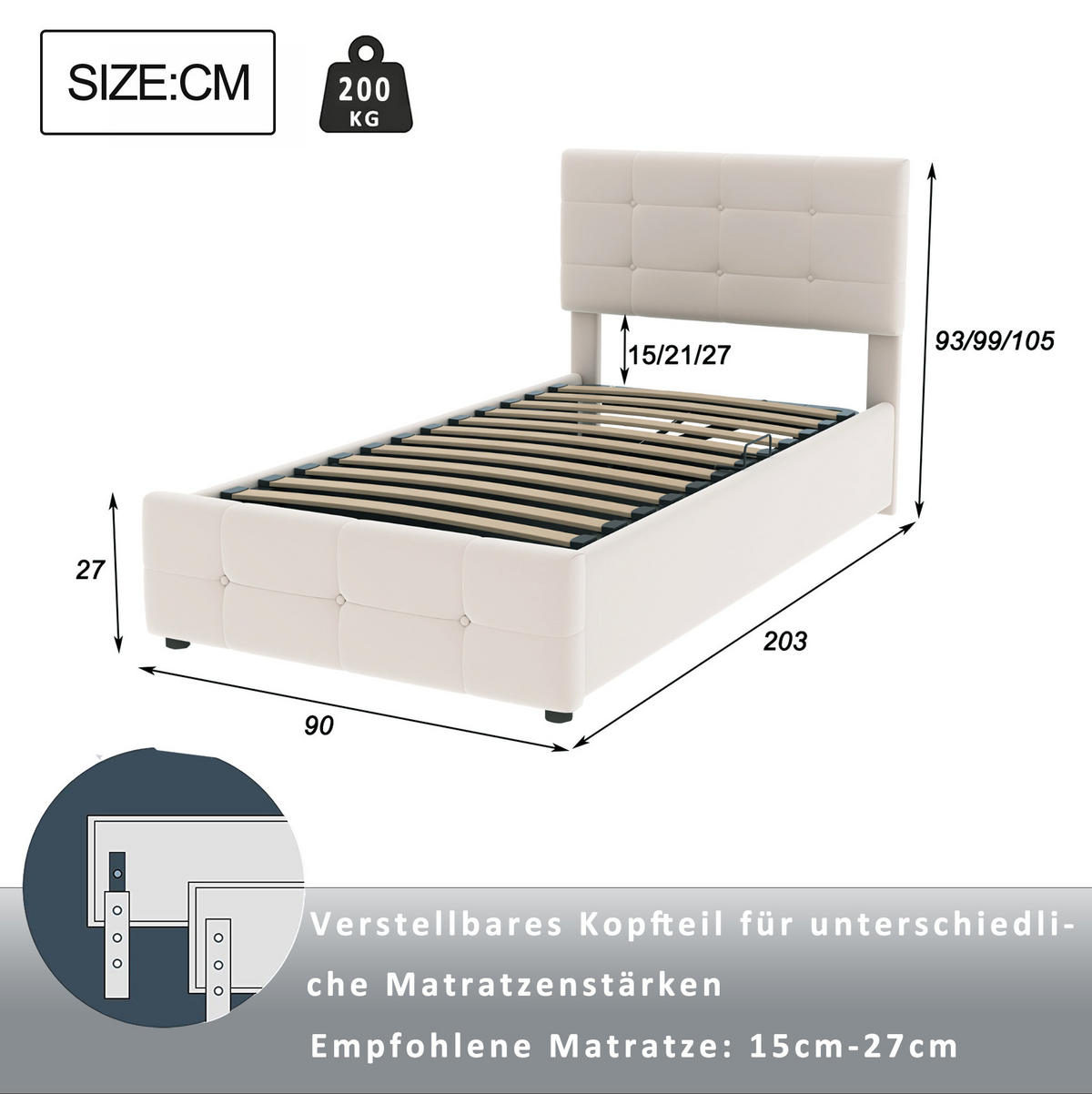 KINDERPOLSTERBETT 90/200 cm Beige aus Samtstoff mit Stauraum und höhenverstellbarem Kopfteil - Beige, Textil (90/200cm) - OKMYHOME
