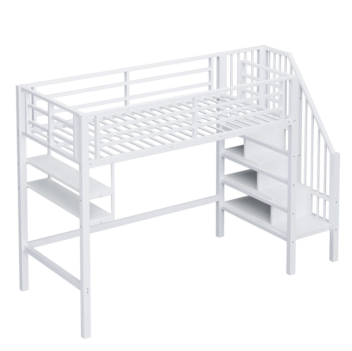 HOCHBETT 90/200 cm, Weiß mit Regalen, Stauraumleiter, ohne Matratze - Weiß, Metall (90/200cm) - MIVRAY