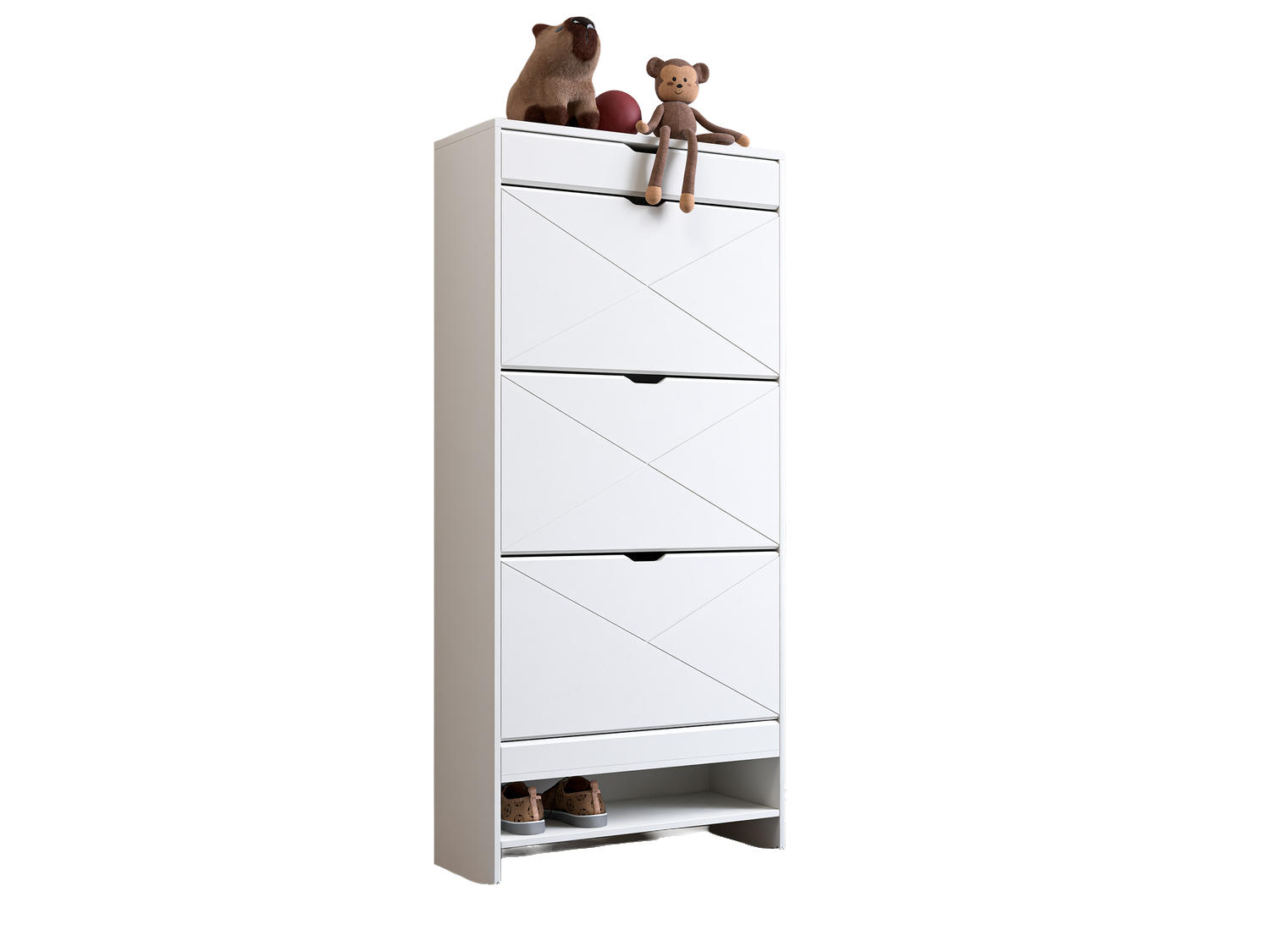 Modfu BOTNÍK z MDF 63x26x136 cm bílý se 3 výklopnými přihrádkami, horní zásuvkou a nastavitelnými policemi