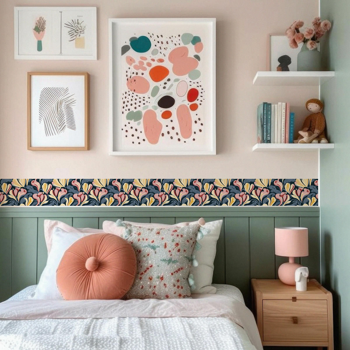 TAPETENBORDÜRE selbstklebend abstraktes BLUMEN moderne Muster für Wohnzimmer - Blau/Beige, Papier (10/300/300cm) - Muralo