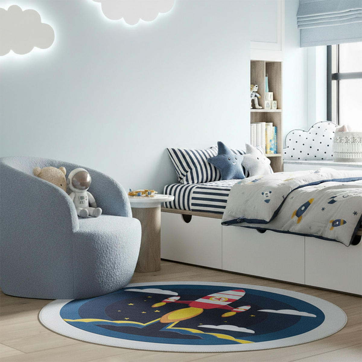KINDERTEPPICH Bambini Satellite Mazovia Rund Ø100cm Weiß Marineblau Rakete Kurzflor - Weiß, Textil (100/100cm) - Mazovia