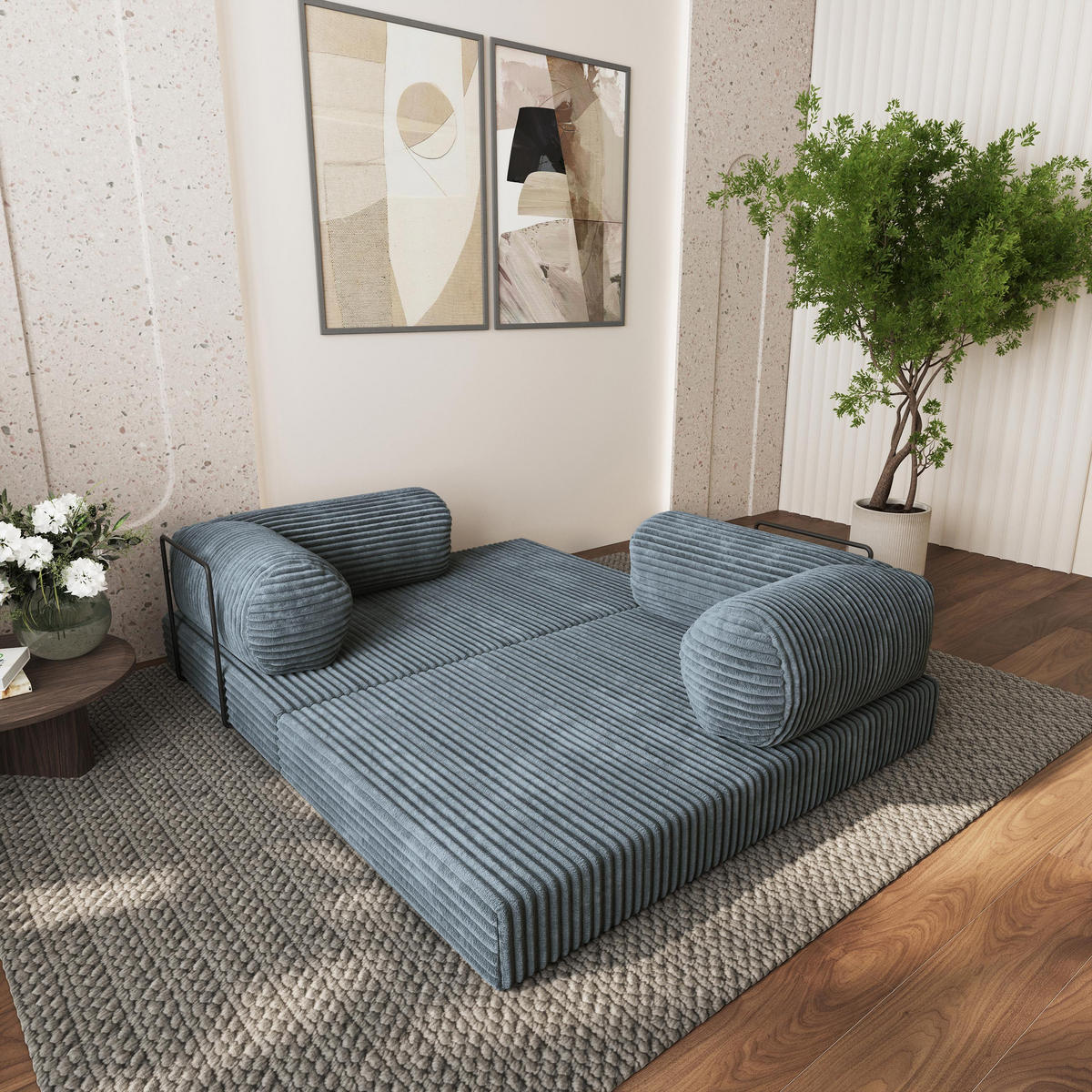 ECKSOFA ETERA modulares Boneless Sofa mit Schlaffunktion Grau Cordstoff - Blaugrau, Textil (270/160cm) - MASSENO